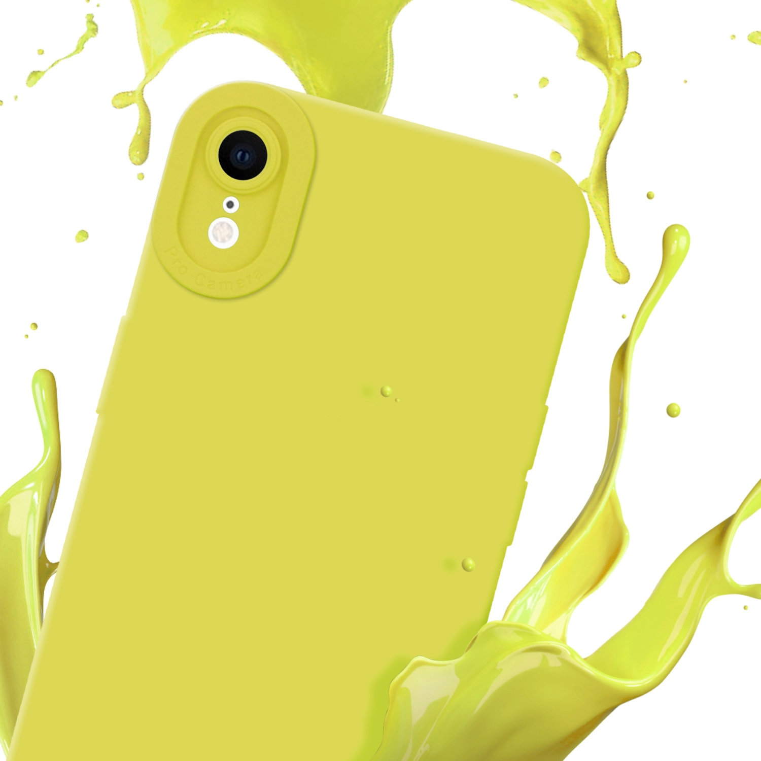 Custodia gialla con un telefono che mostra un'immagine, con schizzi di vernice gialla. Fotocamera Pro visibile.