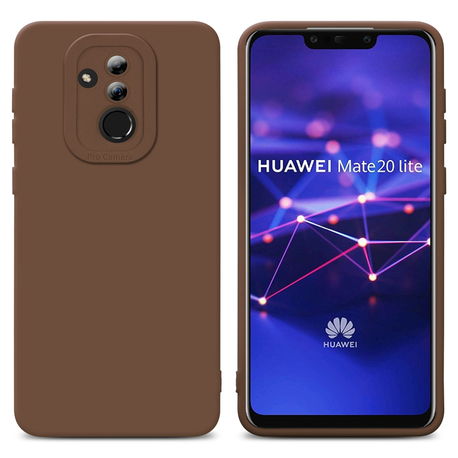 Due custodie, una sul telefono. Testo Huawei Mate 20 lite sullo schermo.