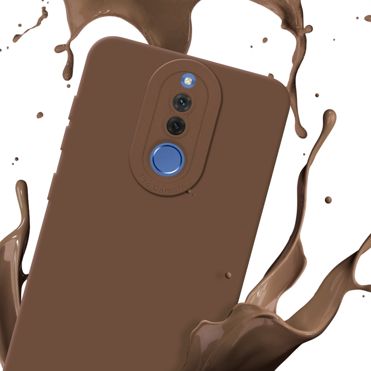Custodia per telefono marrone con schizzi di liquido. Sfondo bianco.