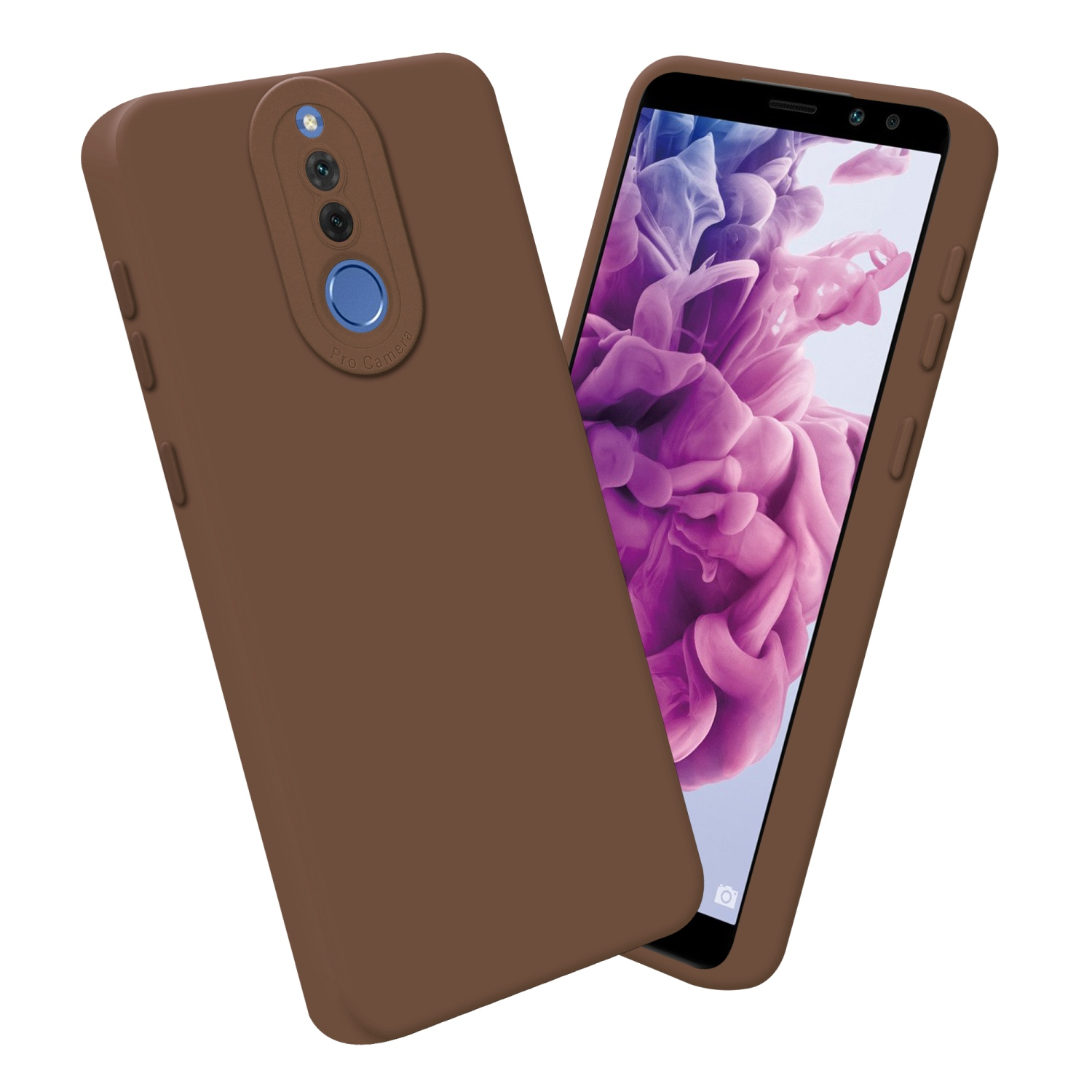 Custodia marrone accanto a uno smartphone. Lo schermo mostra un'immagine rosa.