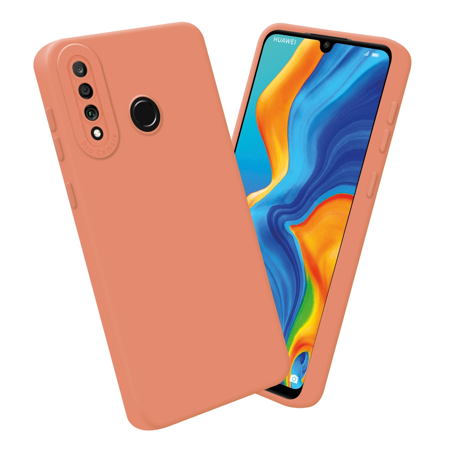 Custodia e telefono arancione con display blu e la parola Huawei sullo schermo.