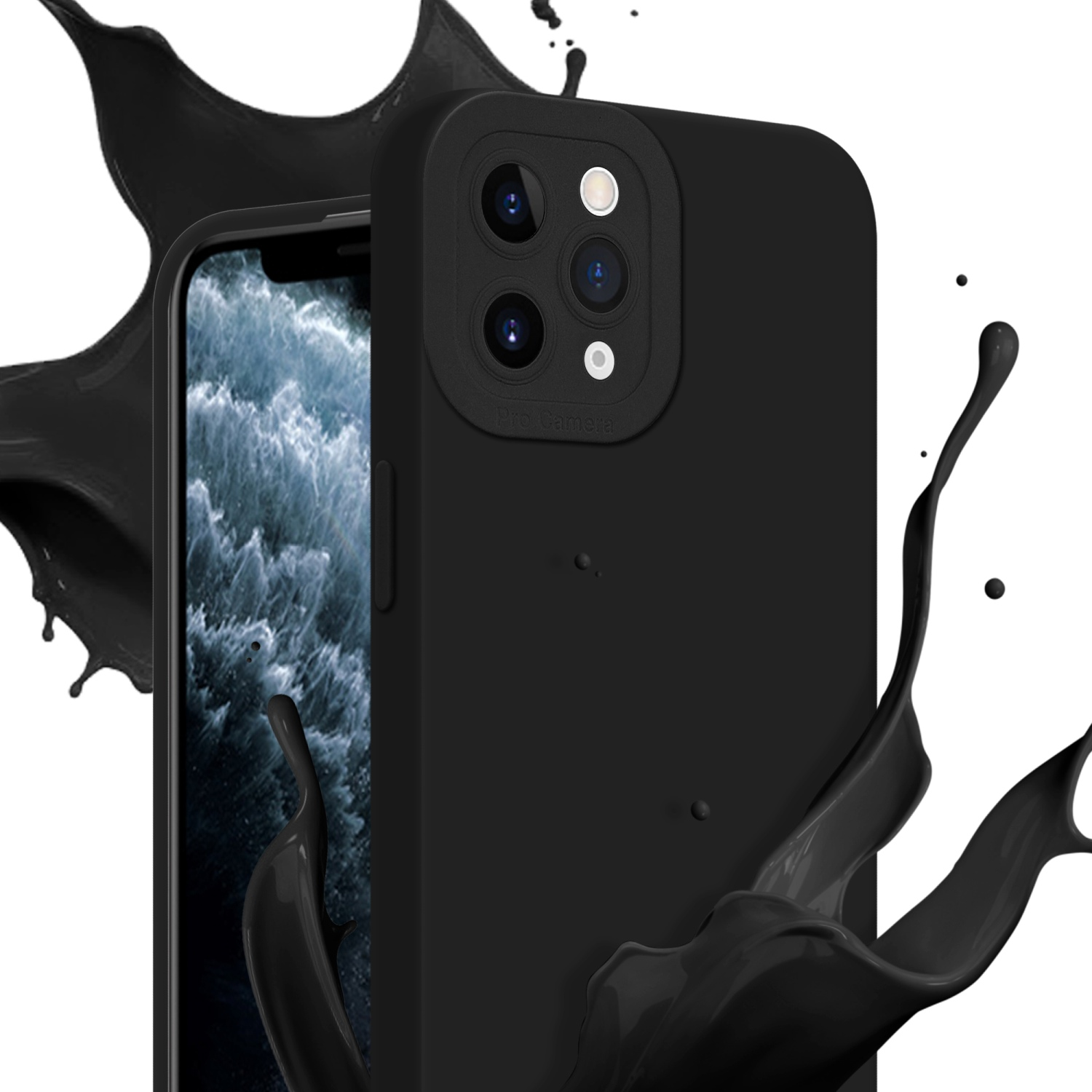 Custodia nera con spruzzo di vernice nera. Dettagli fotocamera e display del telefono visibile.