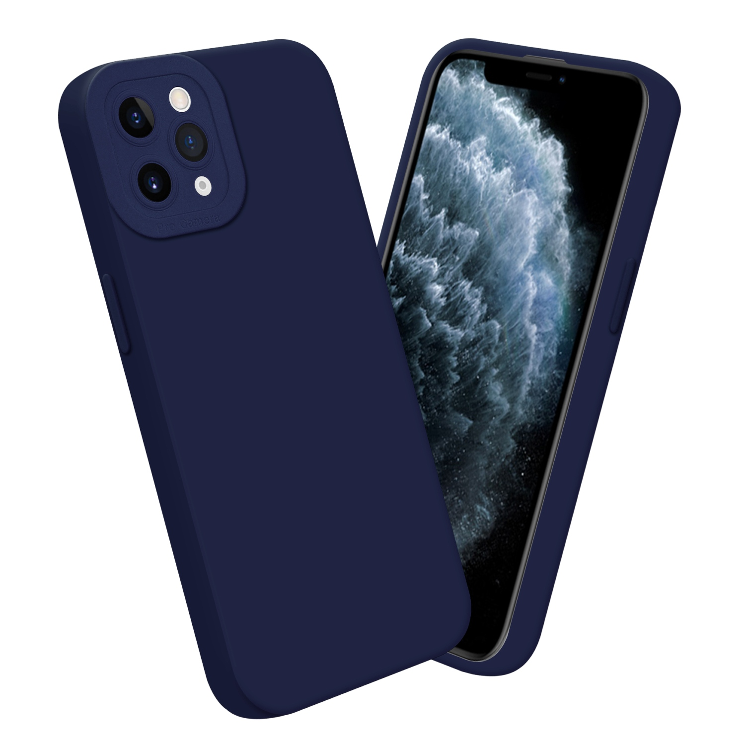 Una custodia blu navy con uno schermo del telefono. Sfondo bianco.