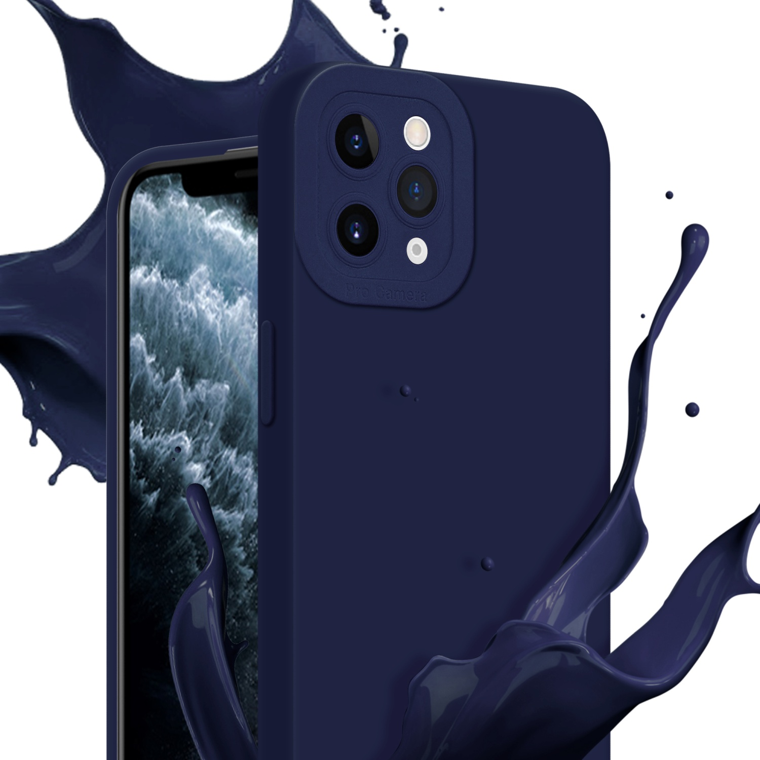 Una custodia per telefono blu navy con un'area fotocamera sporgente. Schizzi di liquido blu scuro intorno.