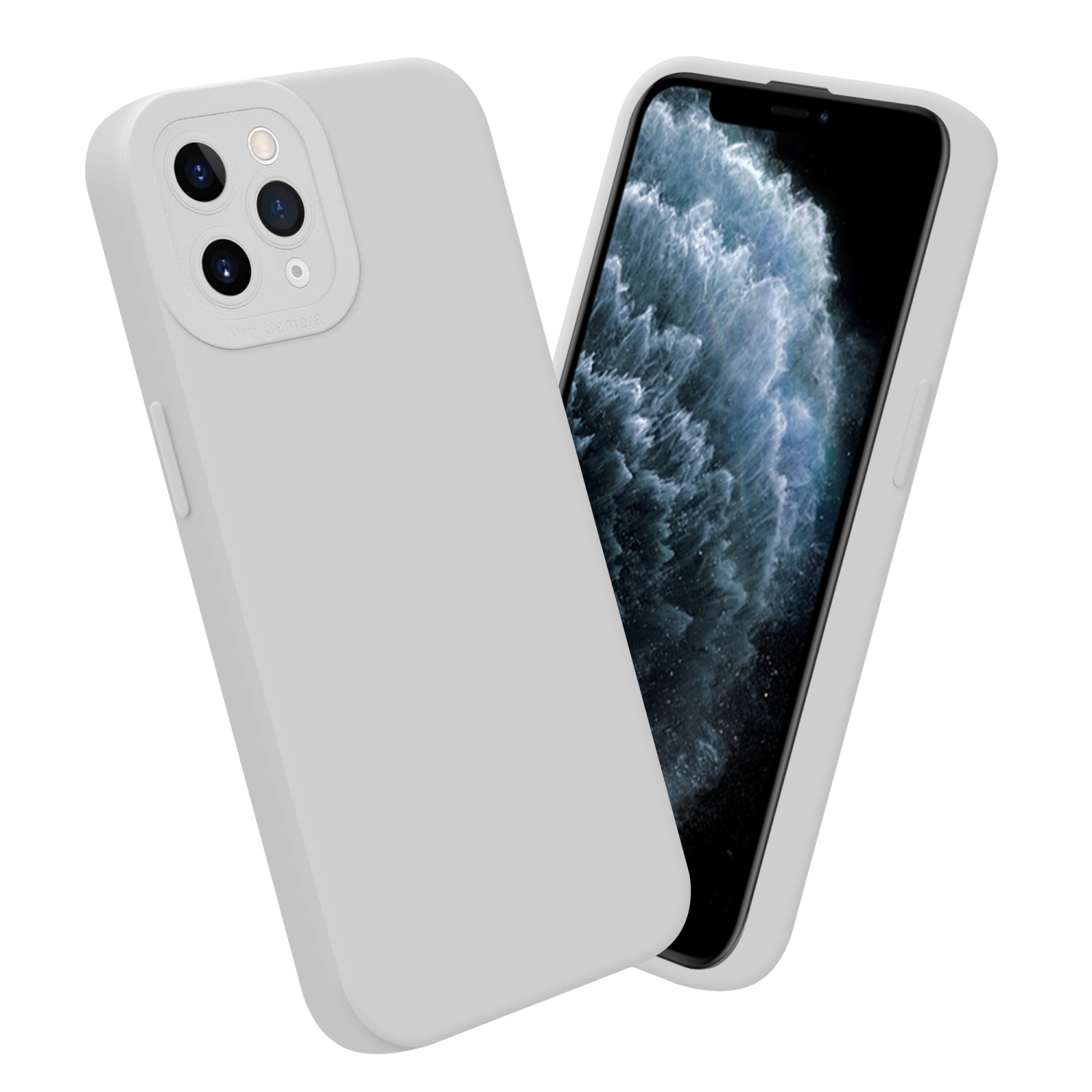 Una custodia grigia per telefono e un telefono con schermo. Lo schermo visualizza uno sfondo nero. La custodia è angolata.