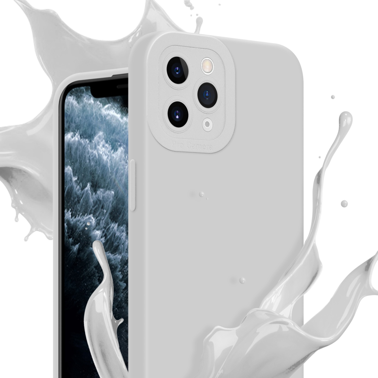Custodia per telefono bianca con schizzo di liquido bianco. Lo schermo è visibile.
