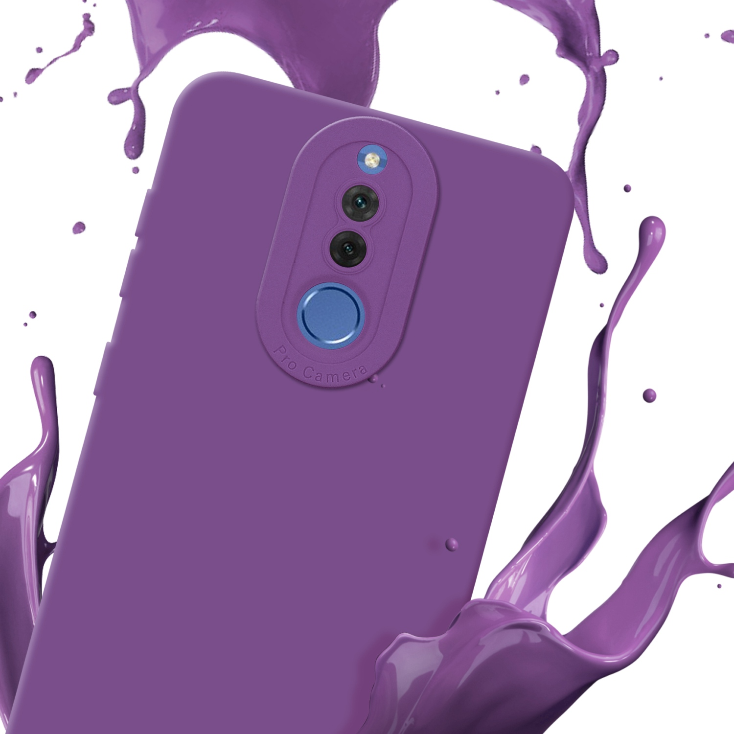 Custodia viola per telefono con ritaglio per fotocamera. Schizzo di vernice viola sullo sfondo. Sfondo bianco.