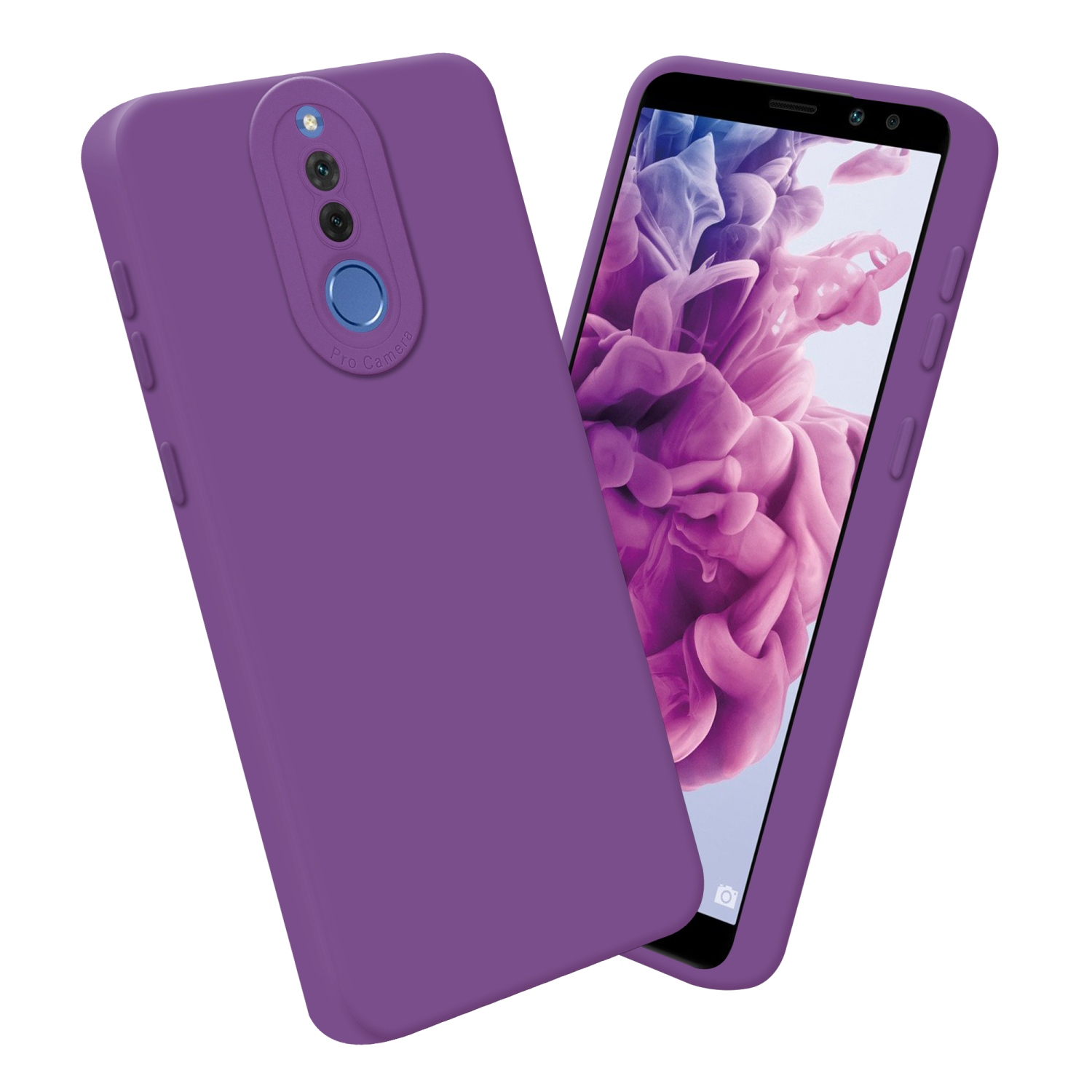 Una custodia per telefono viola con uno schermo del telefono e un obiettivo della fotocamera professionale sul retro.