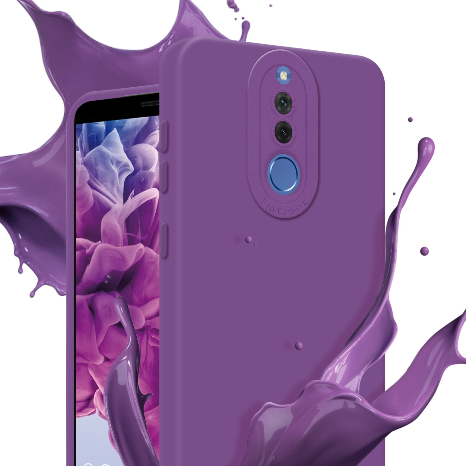 Custodia viola con display del telefono. Schizzi di vernice viola su sfondo bianco.