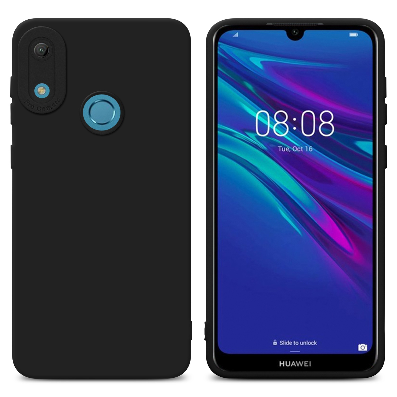 Due telefoni. Una custodia nera con fotocamera, l'altra mostra uno schermo con ora e data.