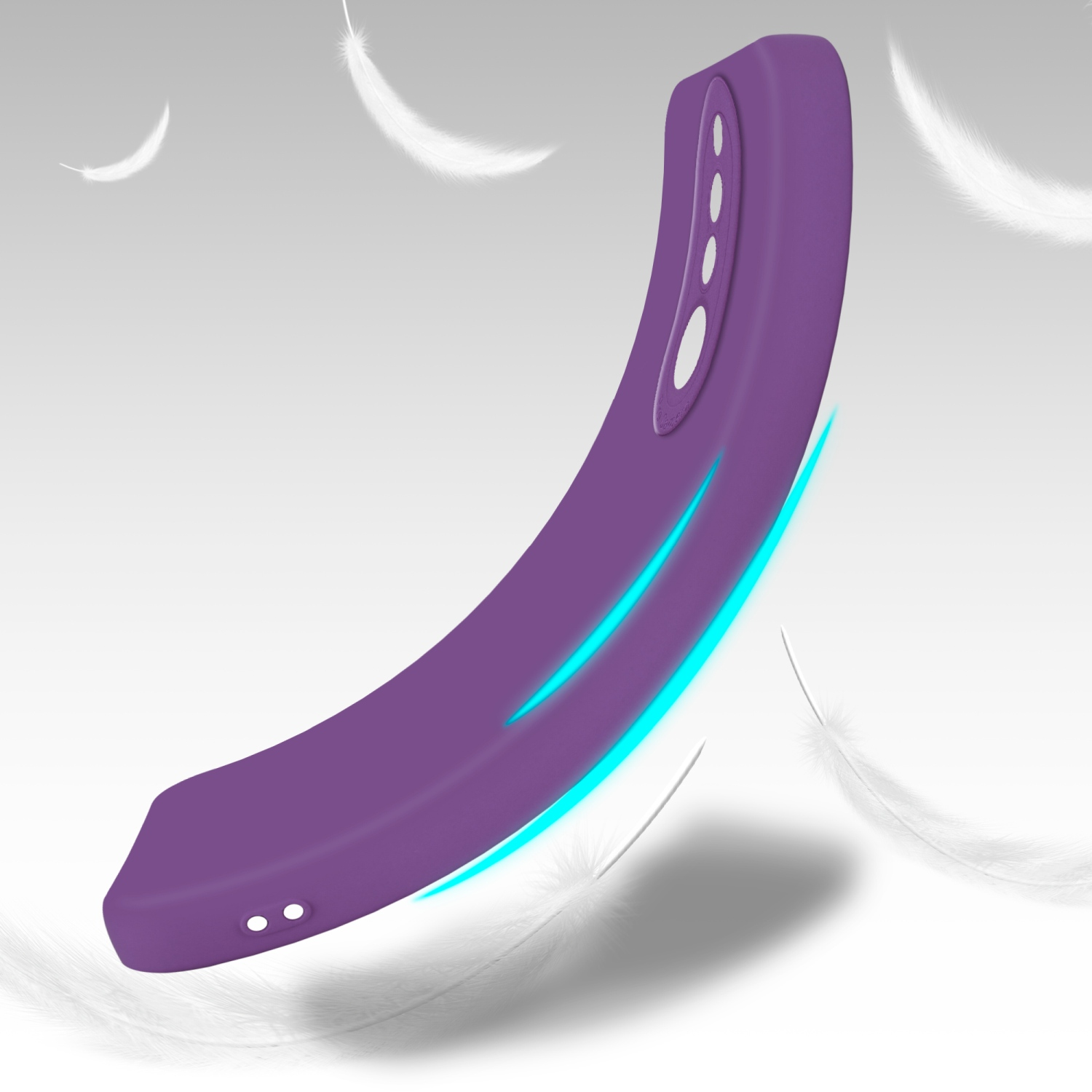 Custodia viola, leggermente curva e angolata, con piume sullo sfondo.