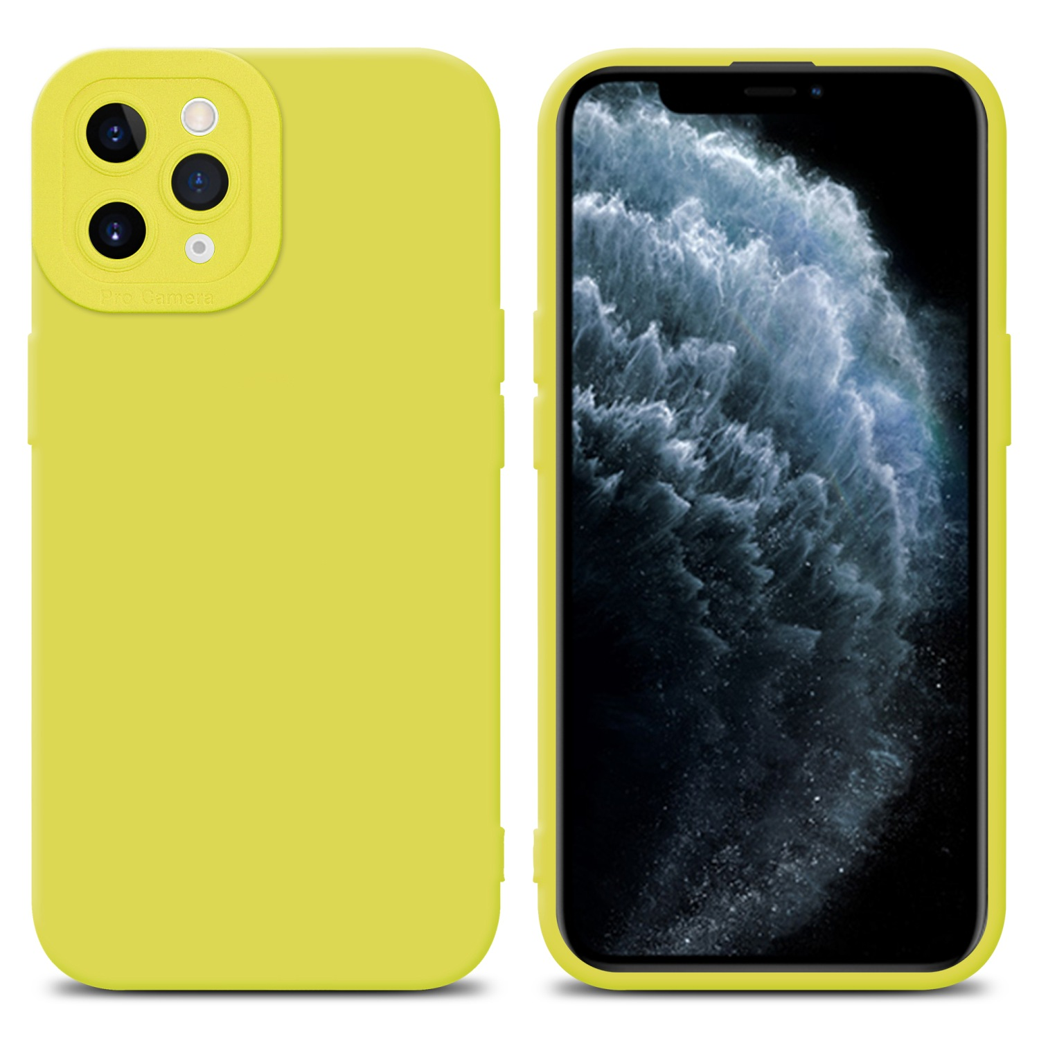 Custodia per telefono gialla con telefono, con dettagli della fotocamera. Lo schermo del telefono è visibile.