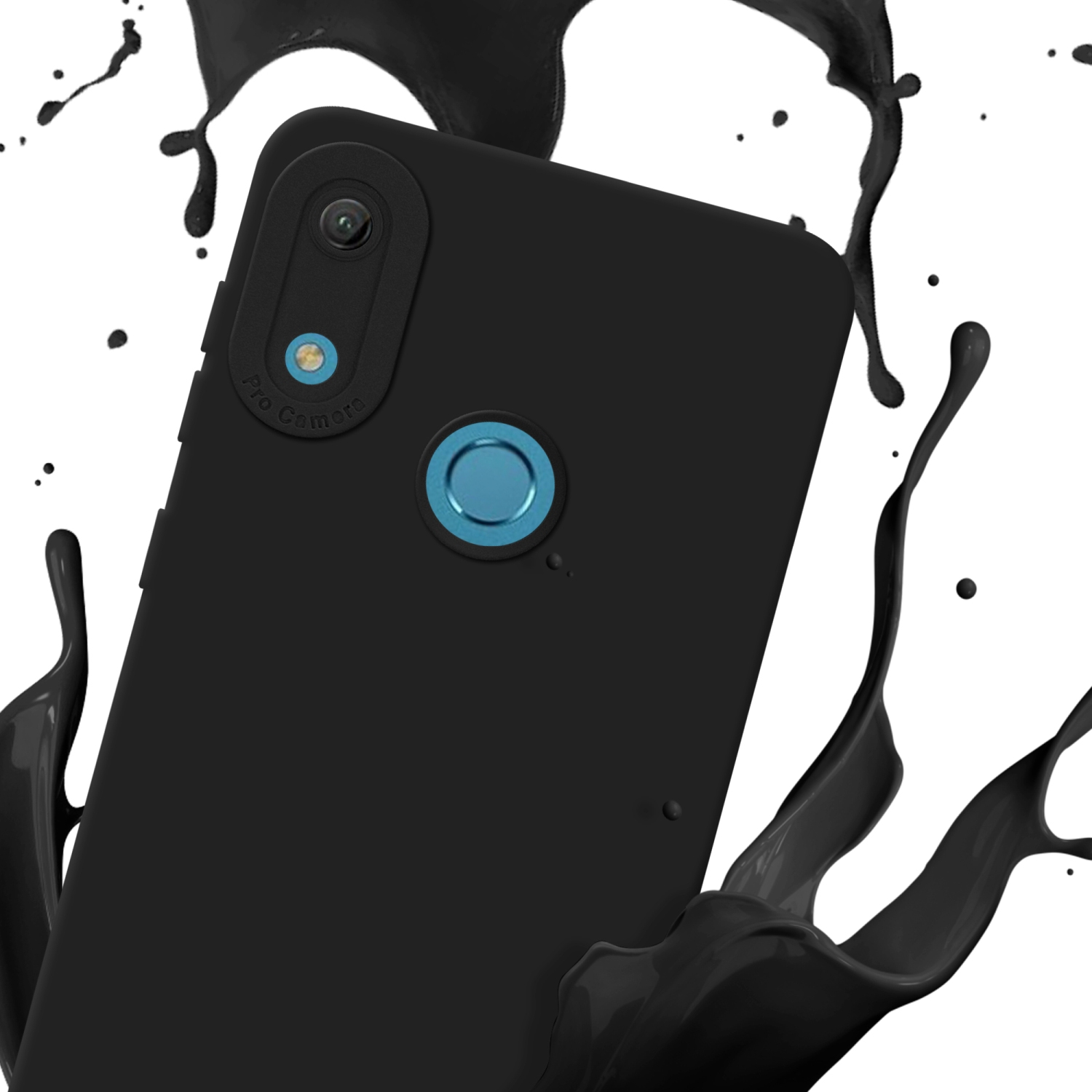 Custodia per telefono nera con schizzi di vernice nera. La fotocamera e un pulsante blu sono visibili.