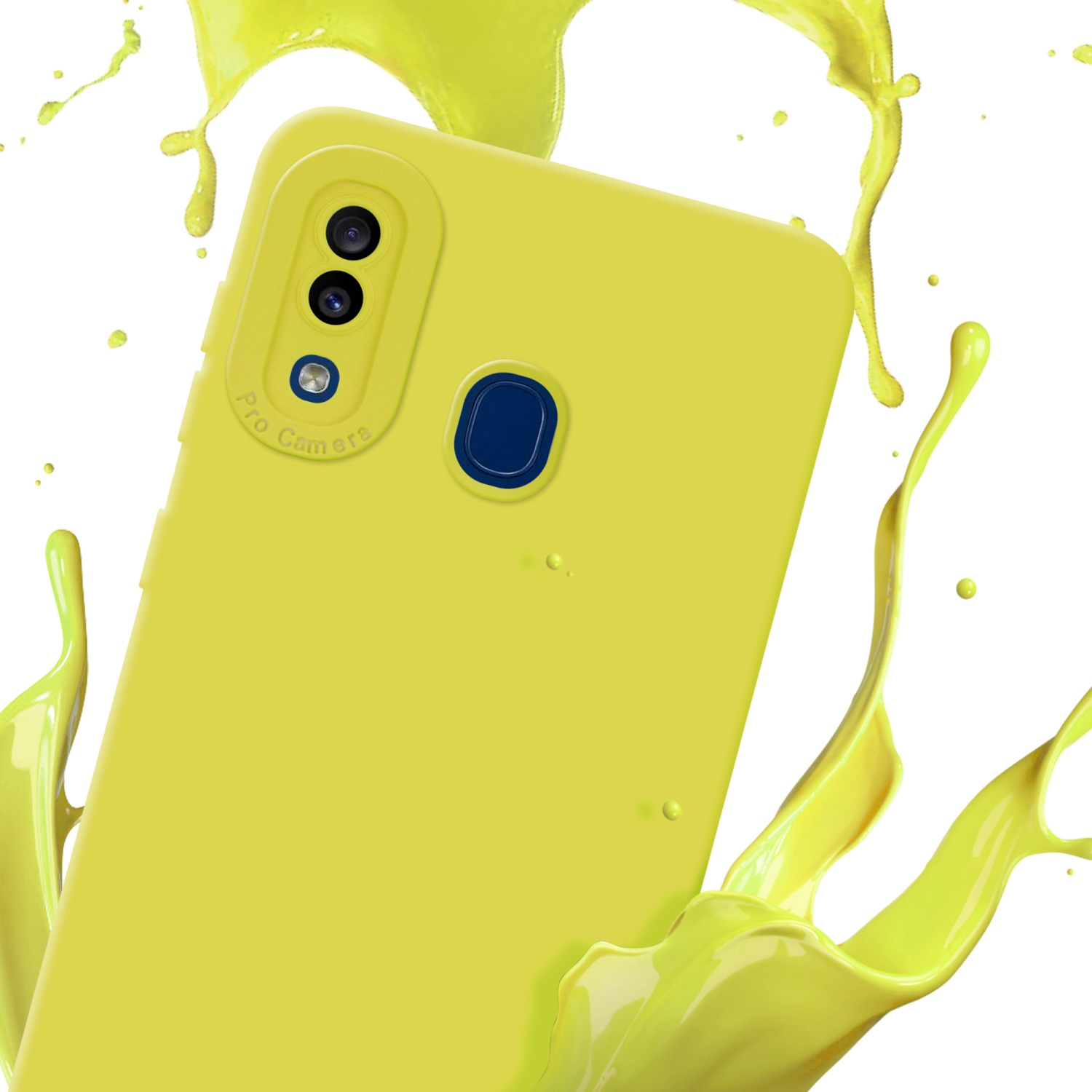 Custodia per telefono gialla con dettaglio fotocamera, spruzzo di vernice gialla su sfondo bianco.