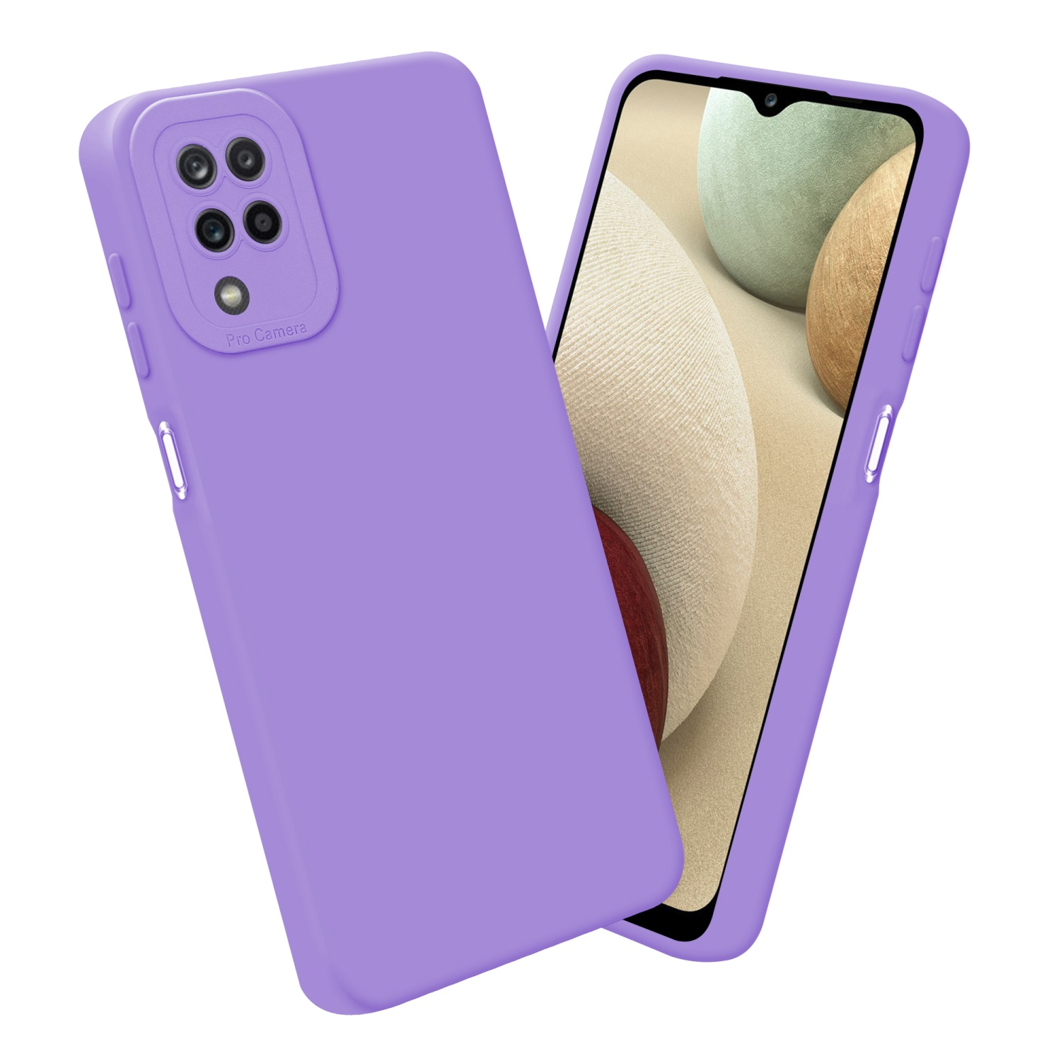 Due custodie viola per telefono, una sullo schermo del telefono, l'altra spenta. Sfondo bianco.