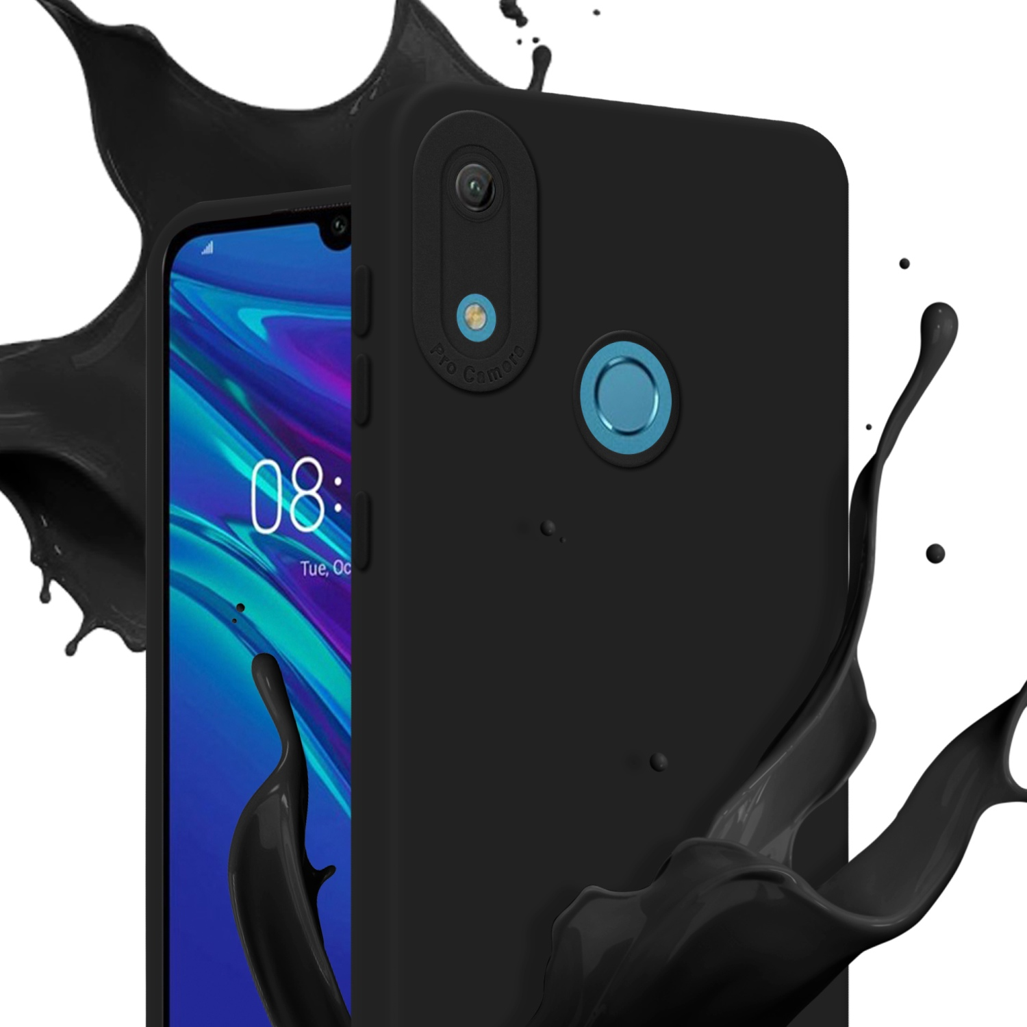 Custodia nera con telefono che mostra schermo. Schizzo di vernice nera sullo sfondo.