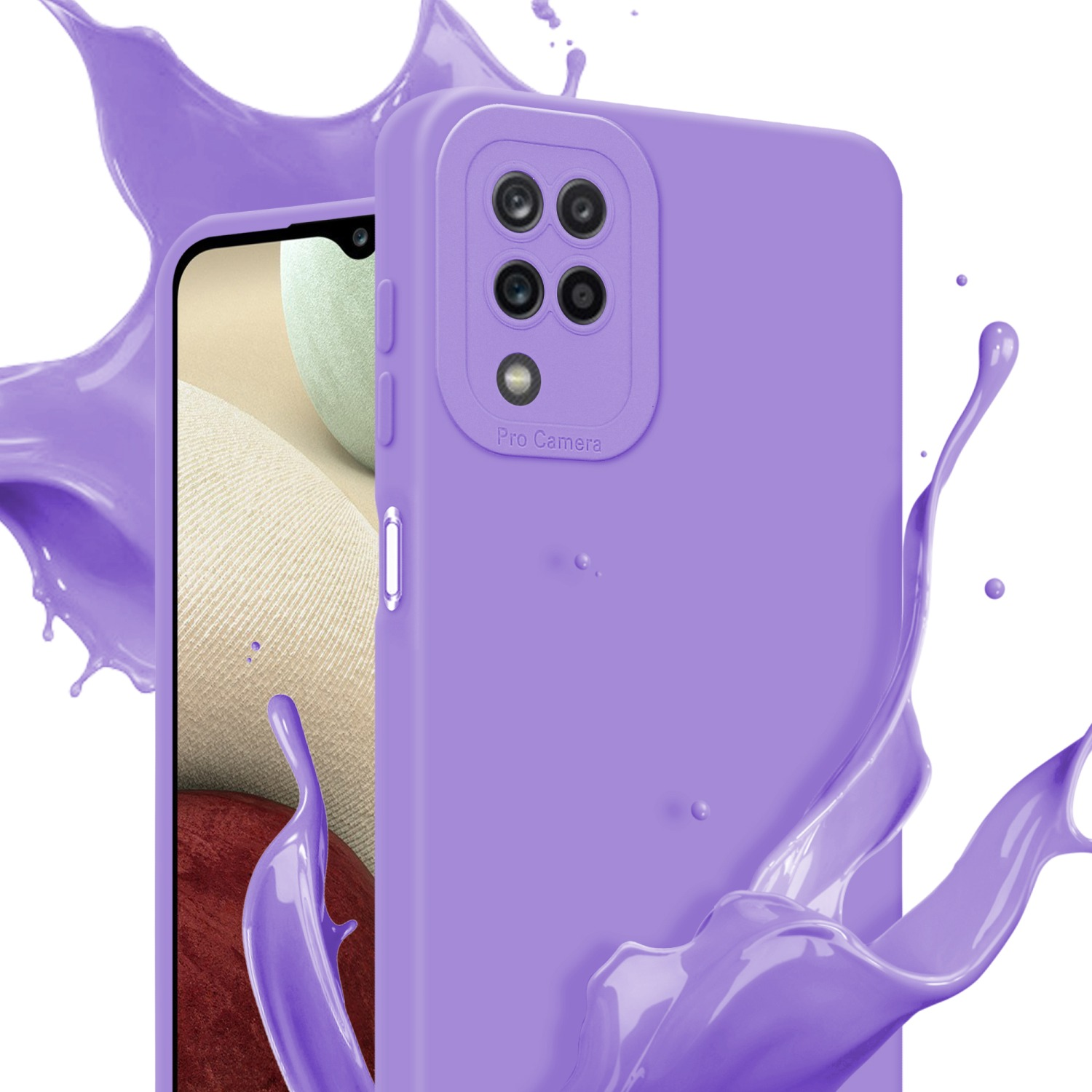 Custodia viola con schizzi di vernice viola.