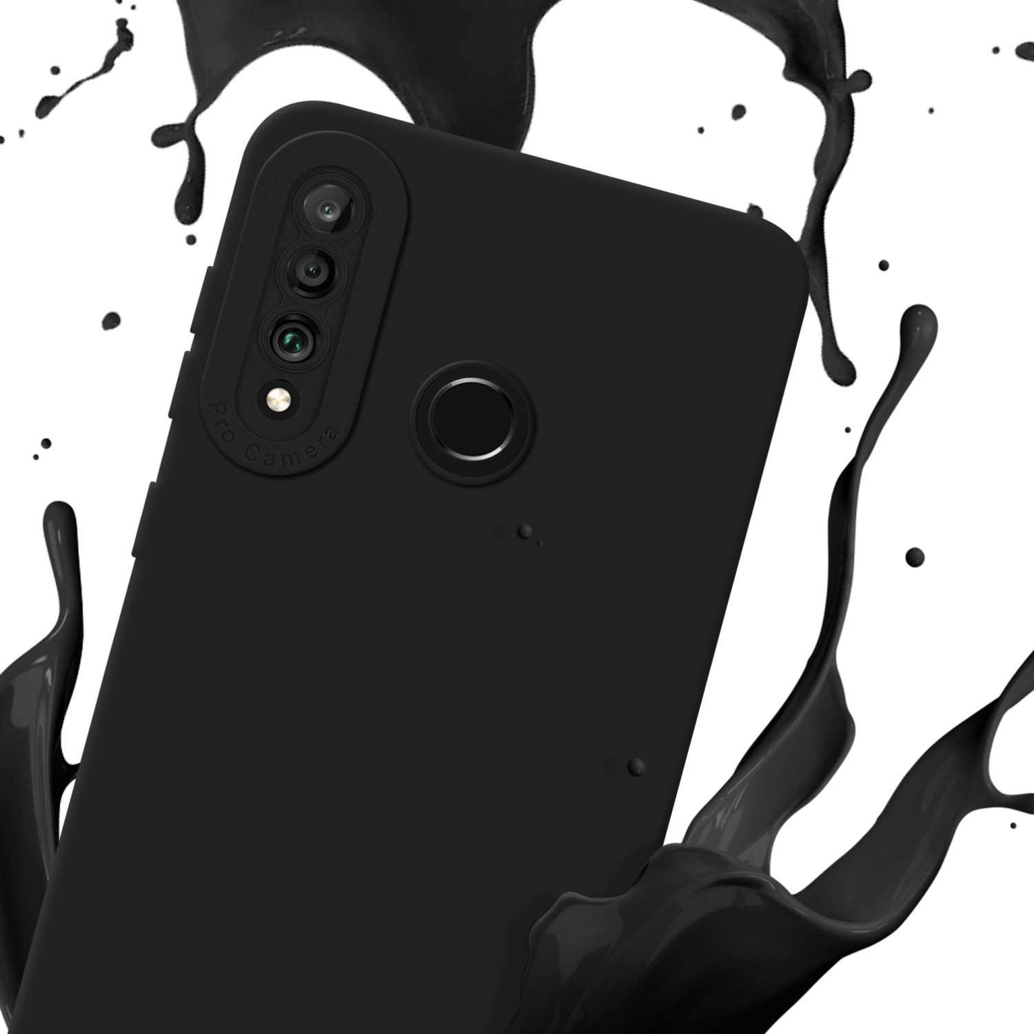 Una custodia per telefono nera con fotocamera professionale è circondata da schizzi di liquido nero.