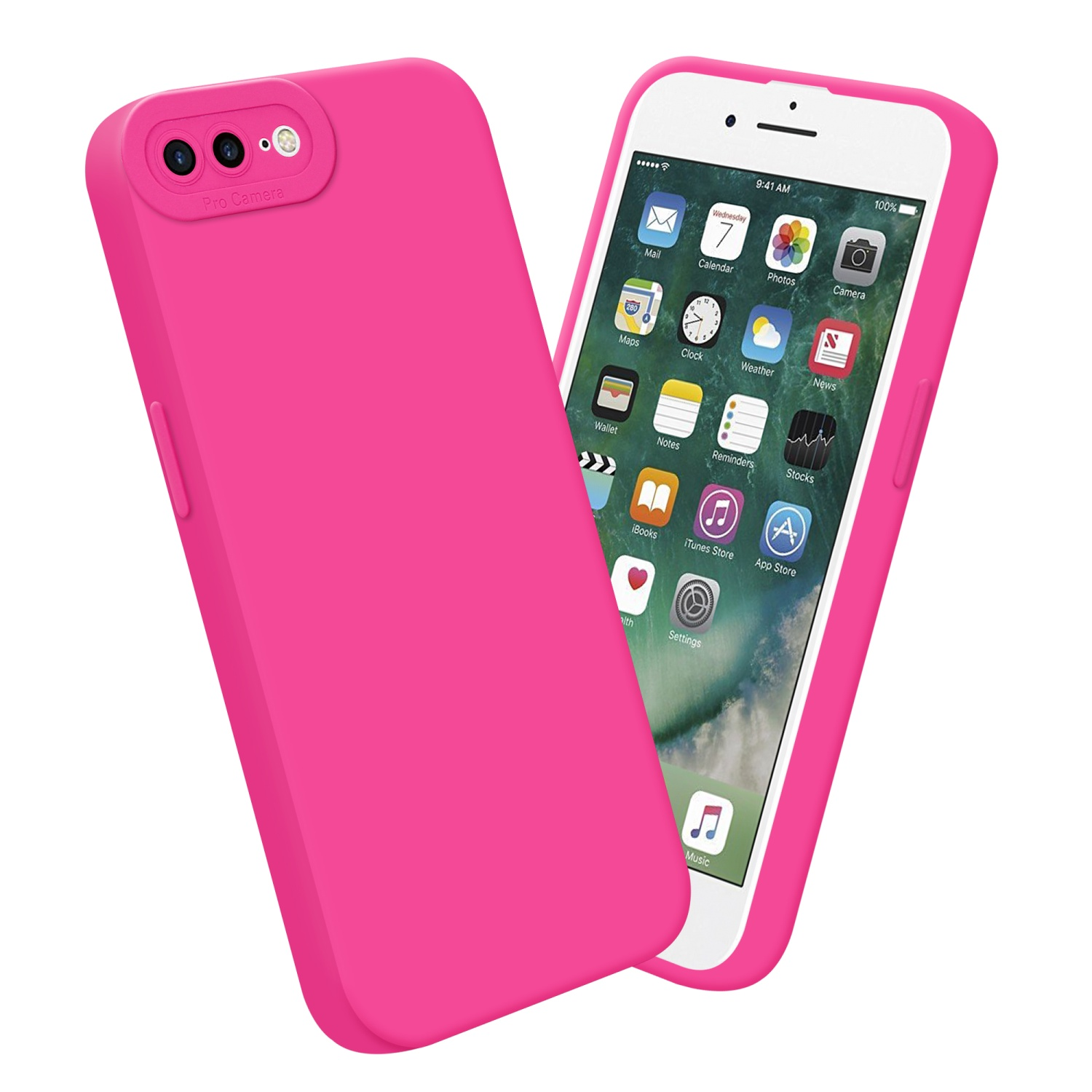Custodia rosa con schermo del telefono visibile. Telefono su sfondo bianco.