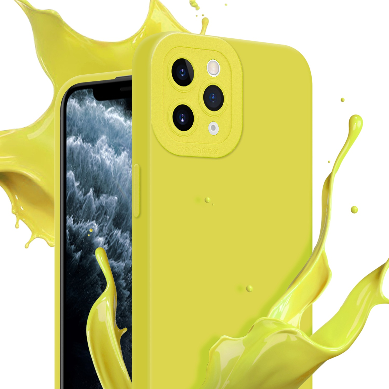 Custodia per telefono gialla con schermo nero e schizzo di vernice gialla sullo sfondo.