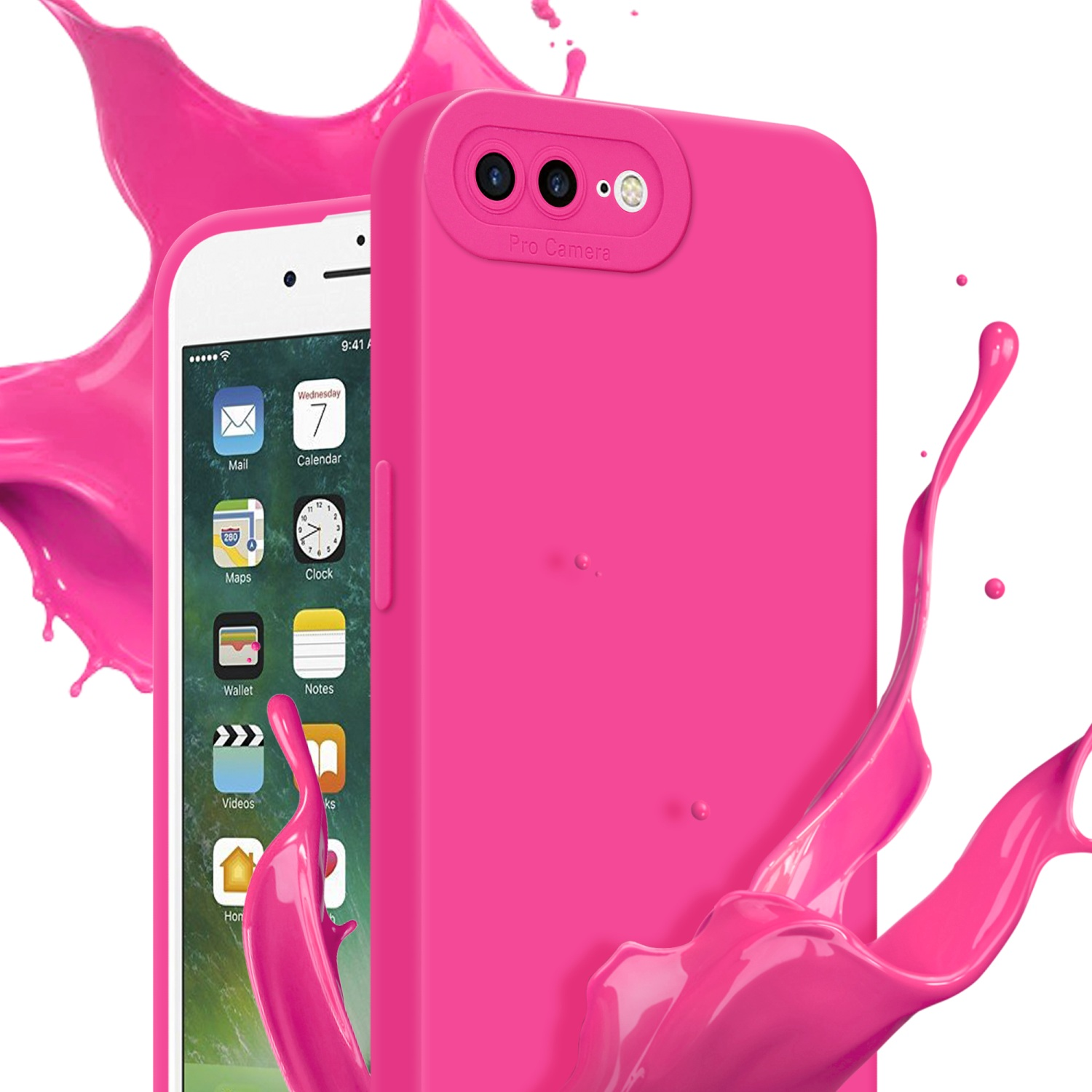 Custodia rosa con schermo del telefono. Lo schermo visualizza le icone delle app. Schizzo di vernice rosa.
