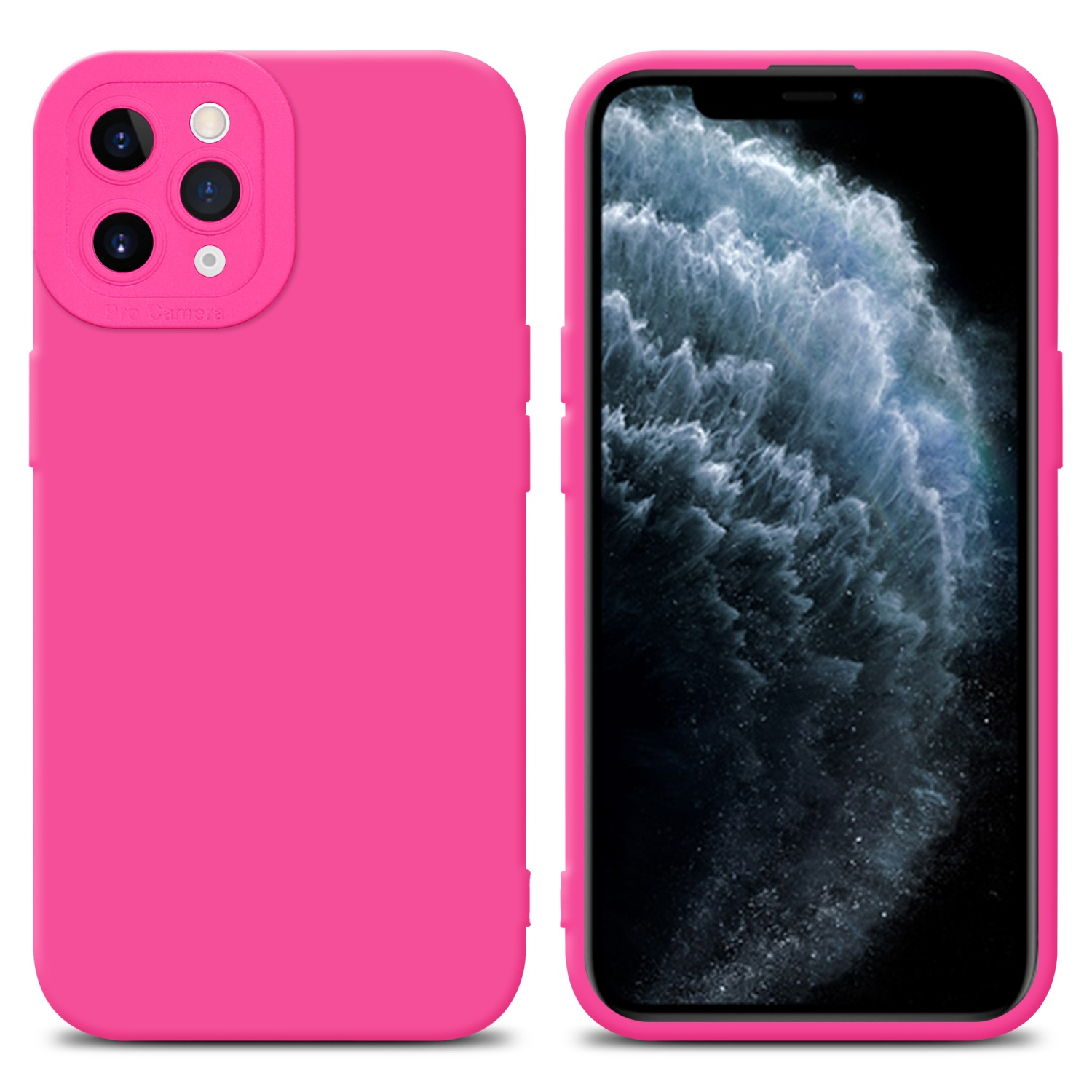 Custodia rosa accanto a un telefono che mostra uno sfondo nuvoloso.