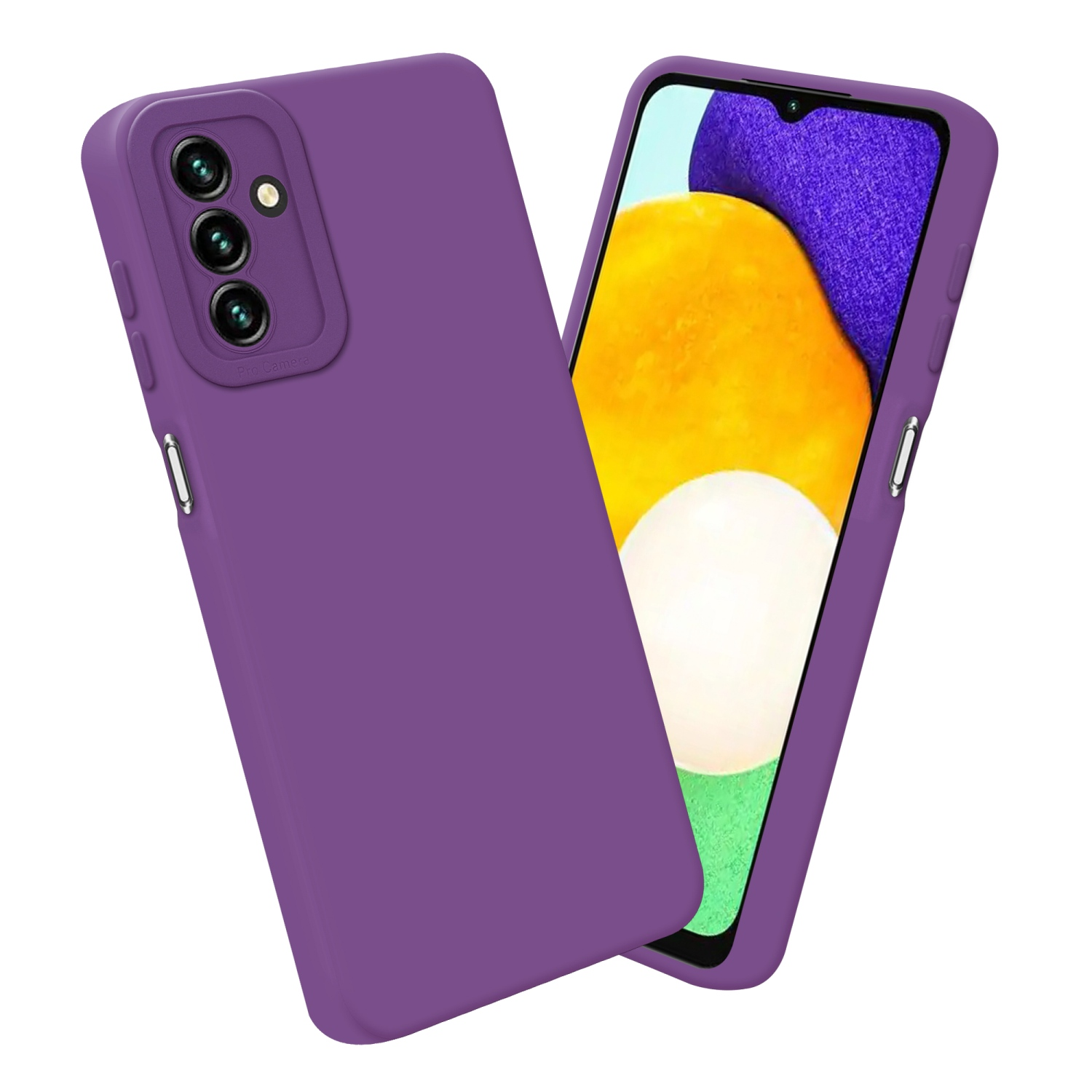 Custodia viola con tripla fotocamera. Il telefono è nella custodia, leggermente angolato.