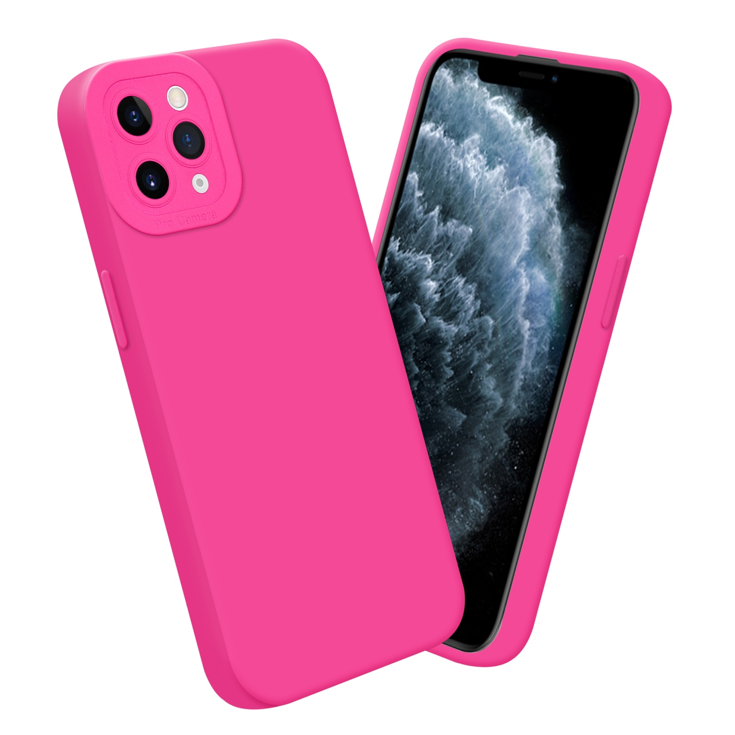 Due custodie per telefono rosa, una mostra uno schermo, su sfondo bianco.