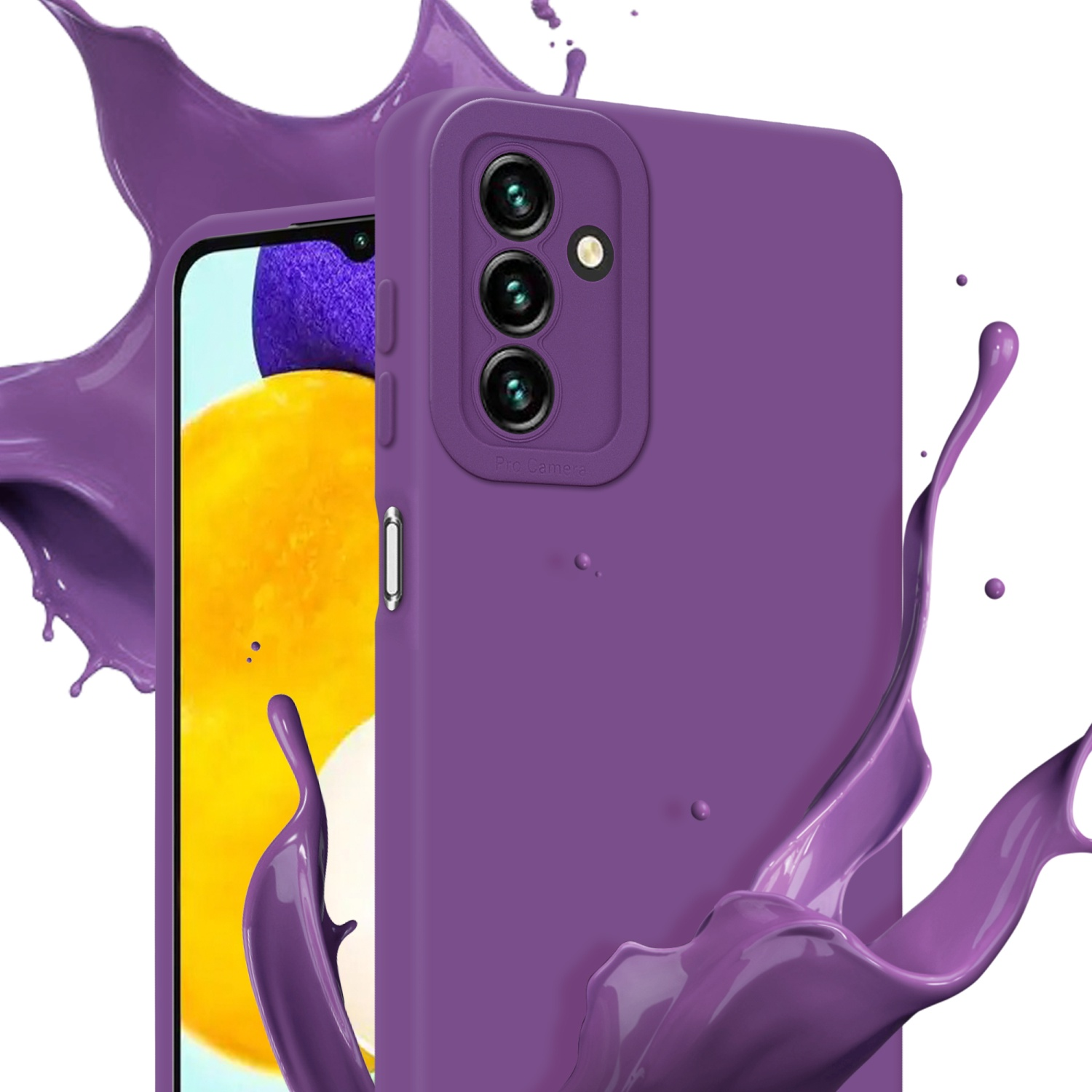 Custodia per telefono viola con più lenti della fotocamera. Spruzzo di liquido viola sullo sfondo.