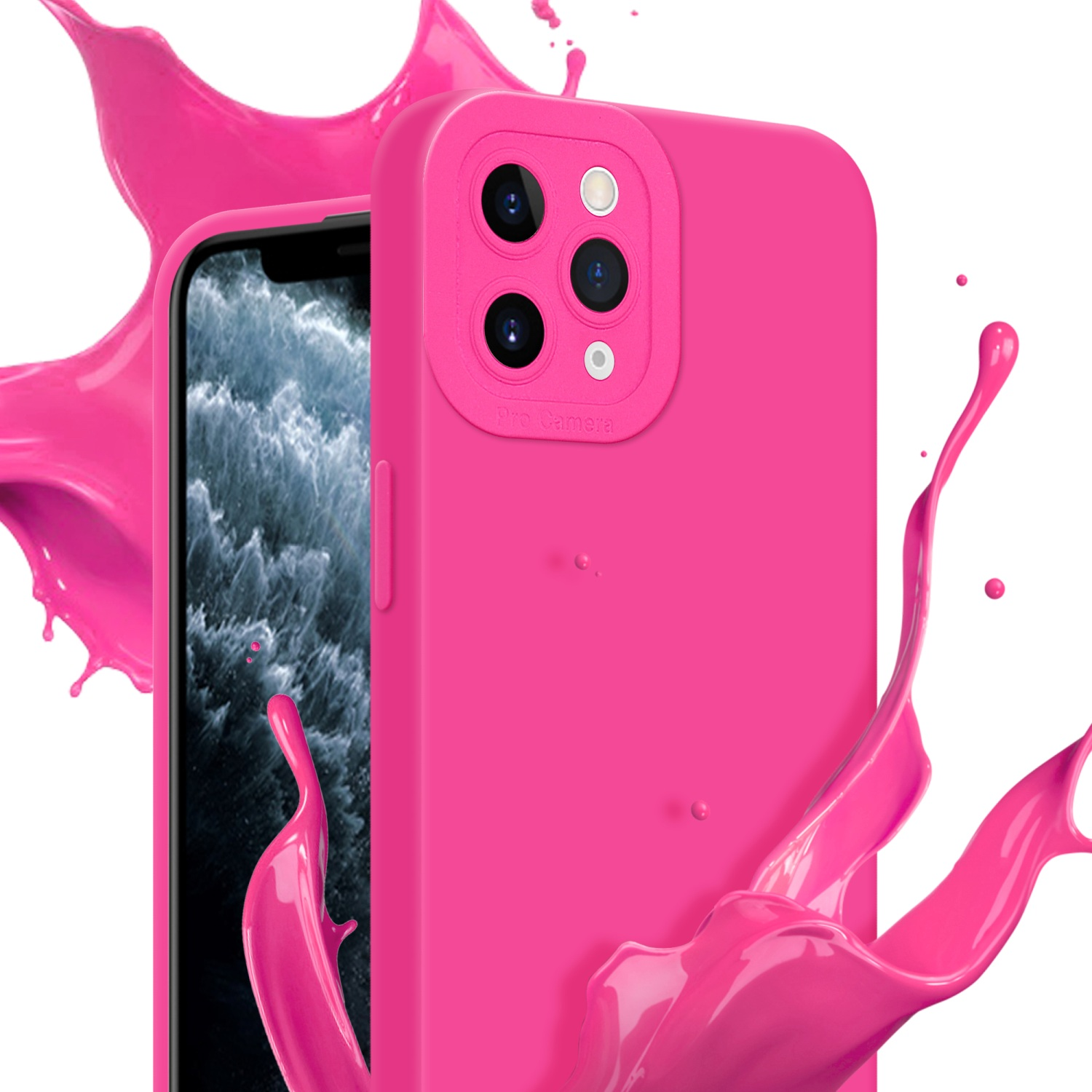 Una custodia rosa per telefono con telefono. Schizzi di vernice rosa sullo sfondo.