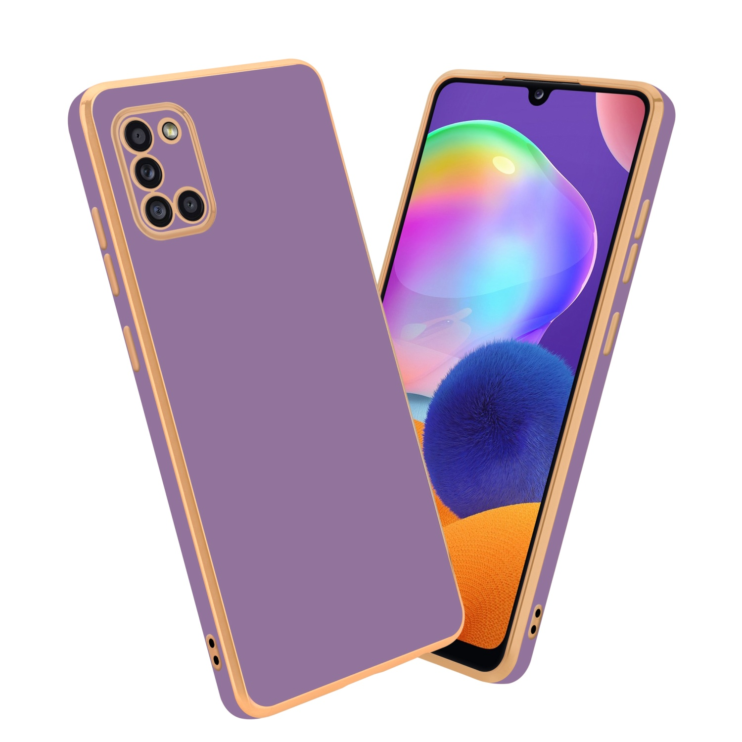 Lila Handyhülle mit goldenen Rändern. Das Telefon hat eine Dreifachkamera.