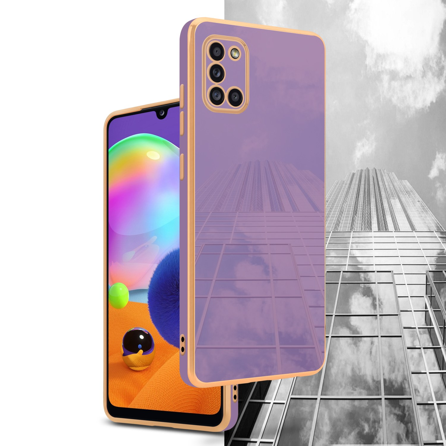 Telefon und Handyhülle, die eine Stadtlandschaft reflektieren. Hintergrund ist ein Wolkenkratzer. Pro Kamera sichtbar.