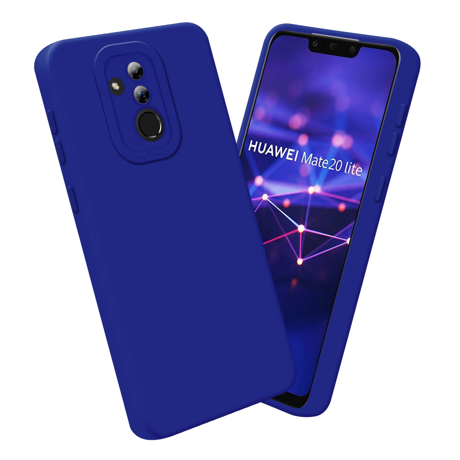Custodia blu per telefono e telefono. Il telefono è nella custodia. Sfondo bianco.