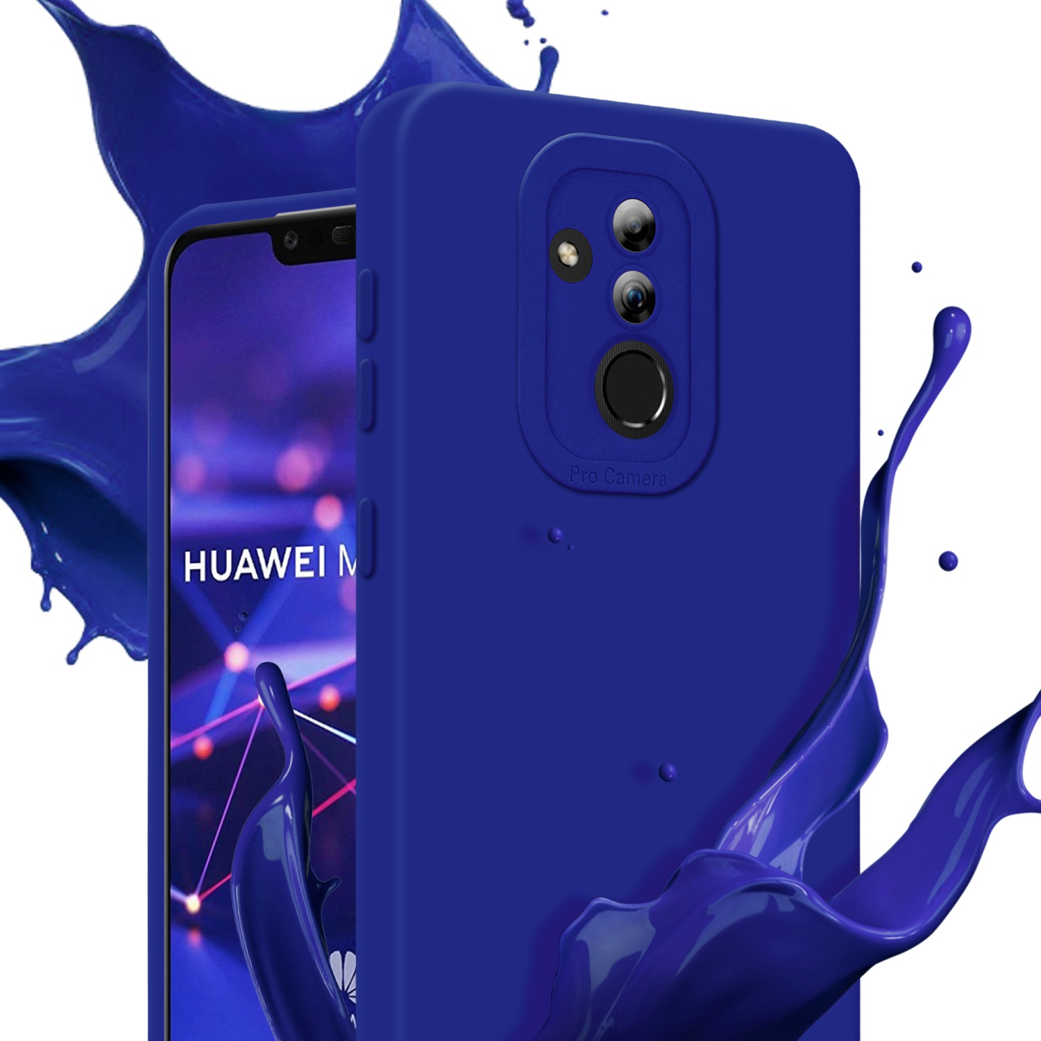 Custodia blu con smartphone. Schizzo di vernice blu sullo sfondo.