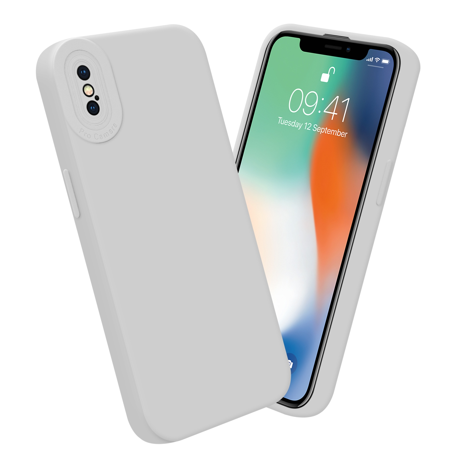 Due custodie grigie per telefono, una con un telefono che mostra uno sfondo colorato.