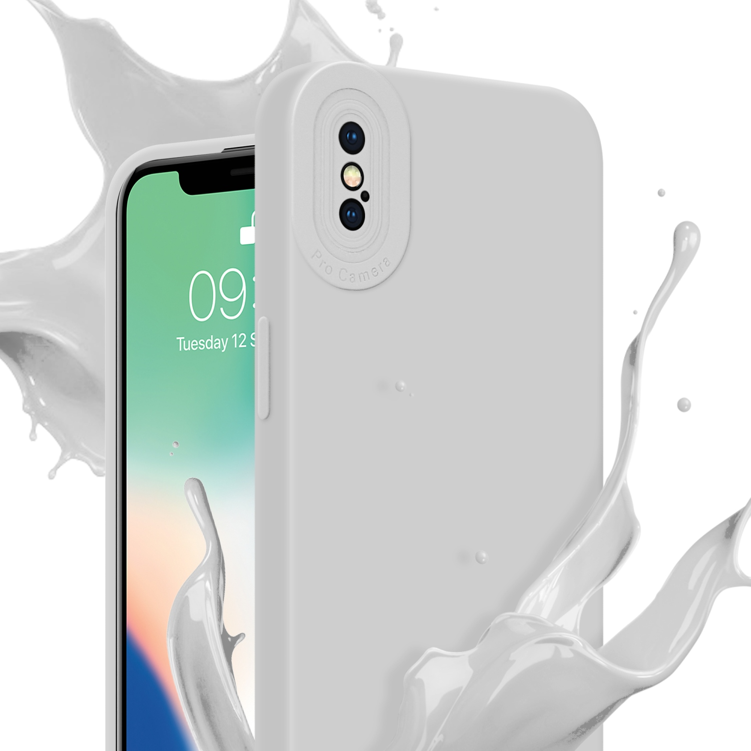 Custodia per telefono bianca con schizzo di vernice. Etichetta Pro Camera. Sfondo bianco.
