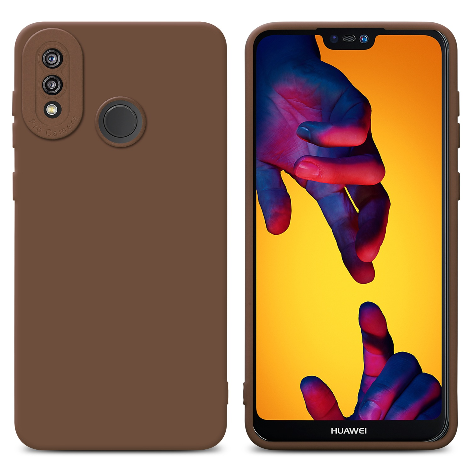Custodia marrone per telefono su un telefono. Mani che escono dallo schermo. Huawei è scritto in basso.