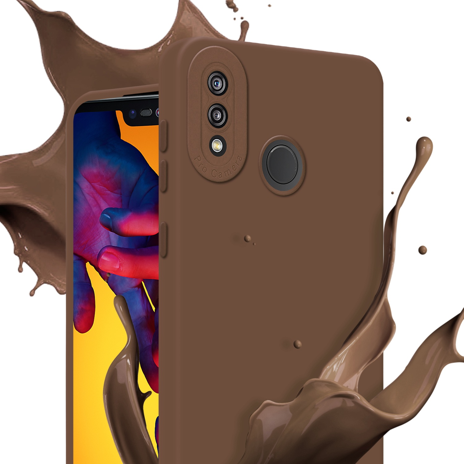 Custodia per telefono marrone con schizzo di liquido marrone. Il telefono è visibile.