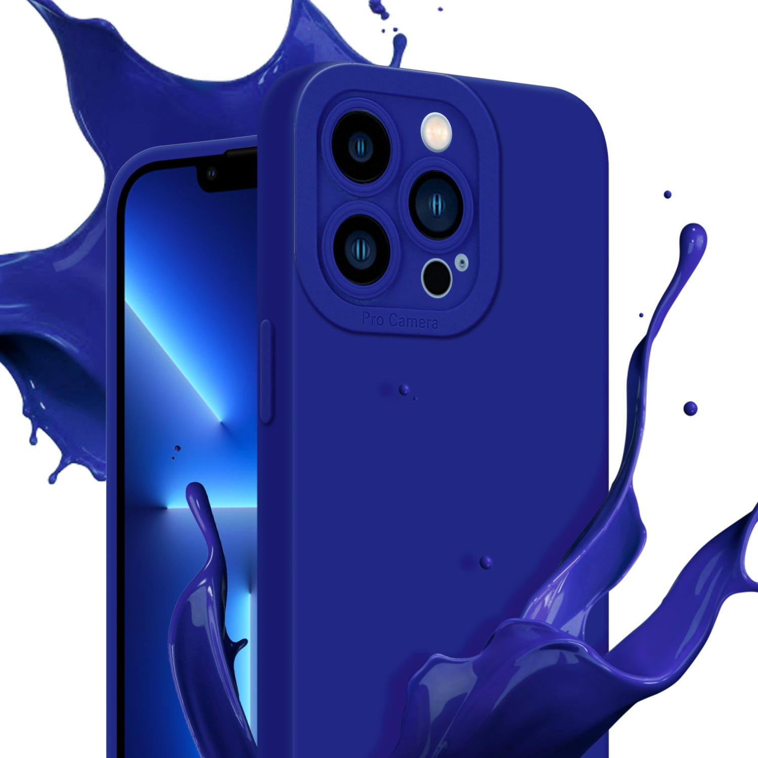Custodia blu con un telefono, con schizzi di liquido blu sullo sfondo.