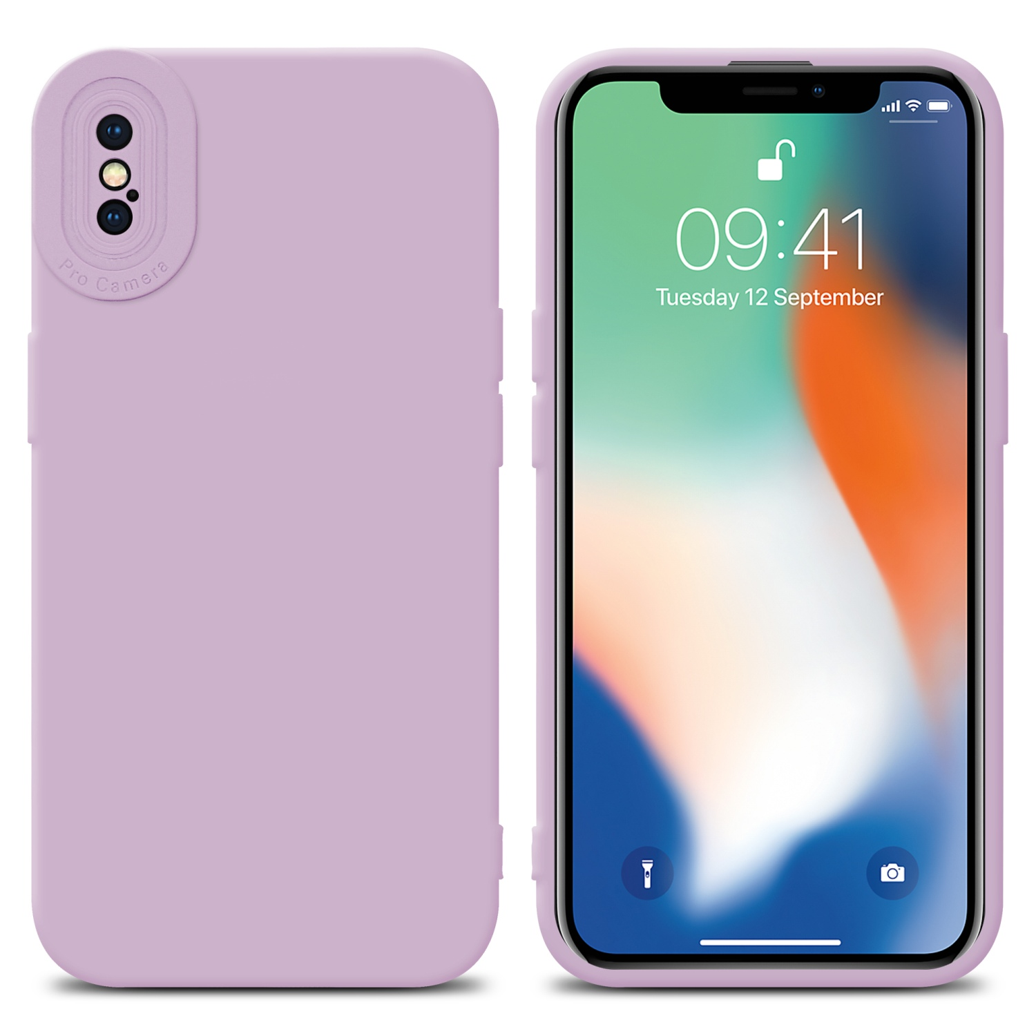 Custodia per telefono lilla su un telefono. Il telefono mostra l'ora e la data. Sfondo bianco.