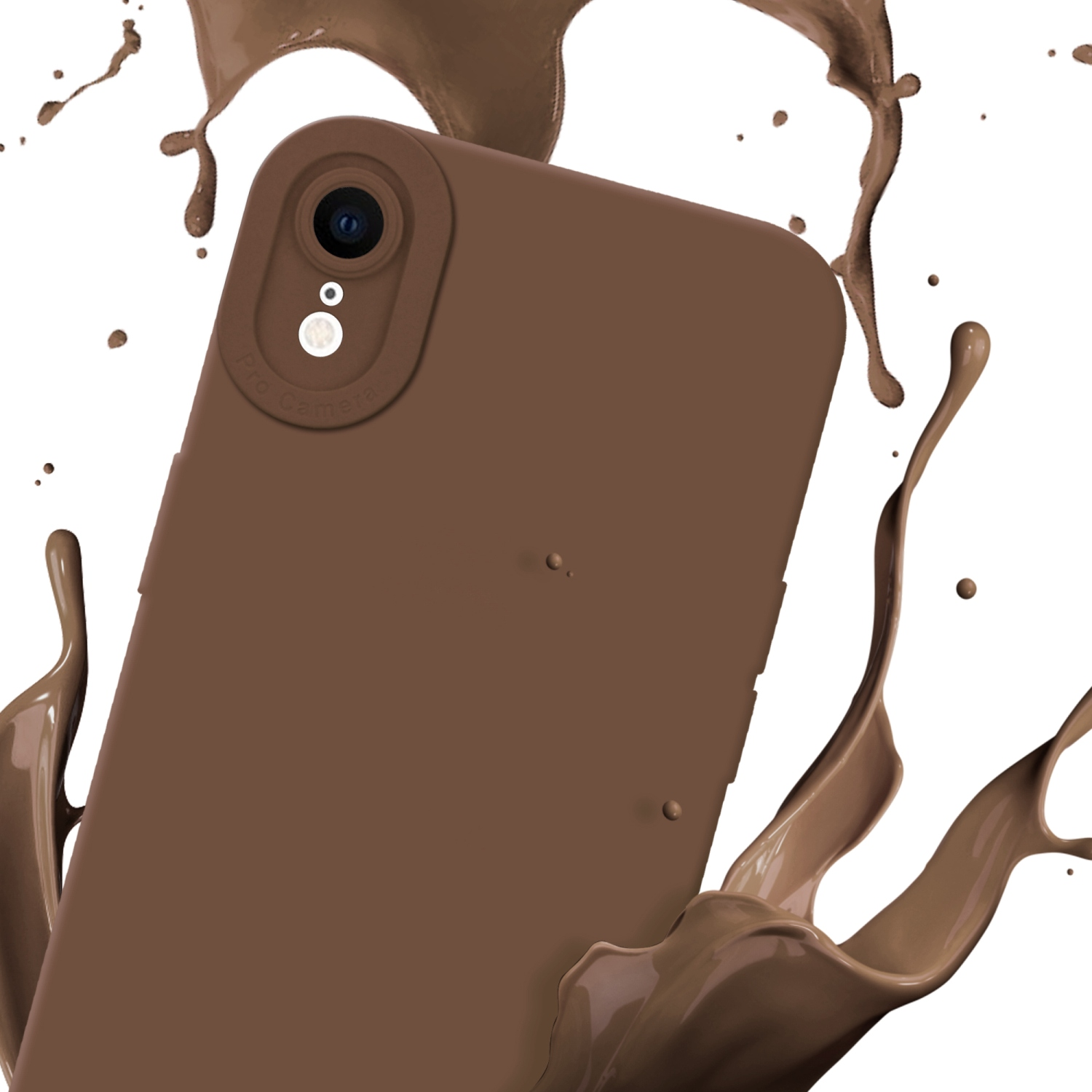 Una custodia marrone per telefono con lenti della fotocamera ed effetto spruzzo marrone su sfondo bianco.