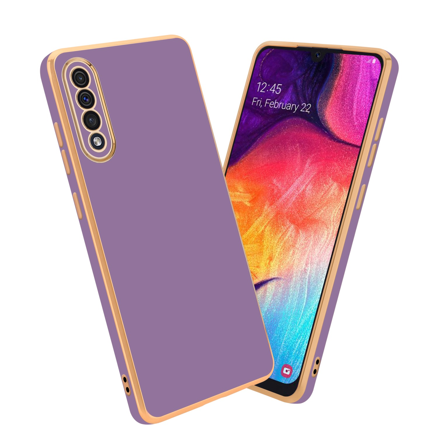 Lila Handyhülle mit goldfarbenem Rand, hält ein Handy. Das Handy zeigt seinen Bildschirm.