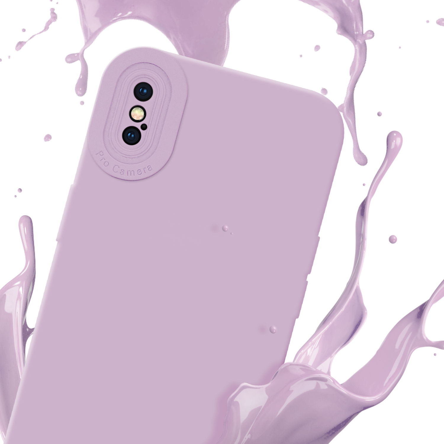 Custodia per telefono lilla con tre fotocamere, circondata da schizzi di vernice lilla su sfondo bianco.