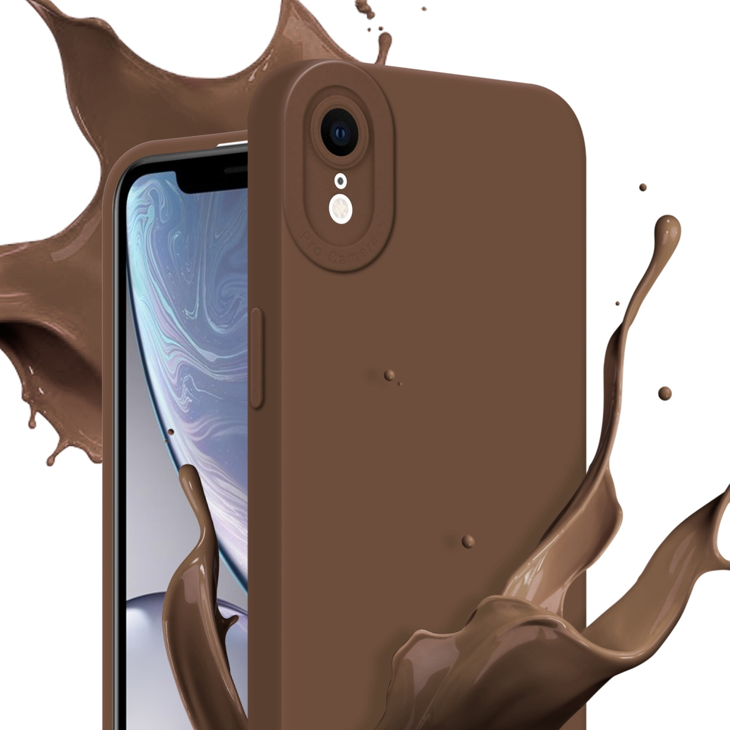 Una custodia marrone per telefono circonda un telefono, con uno spruzzo di liquido marrone sullo sfondo.