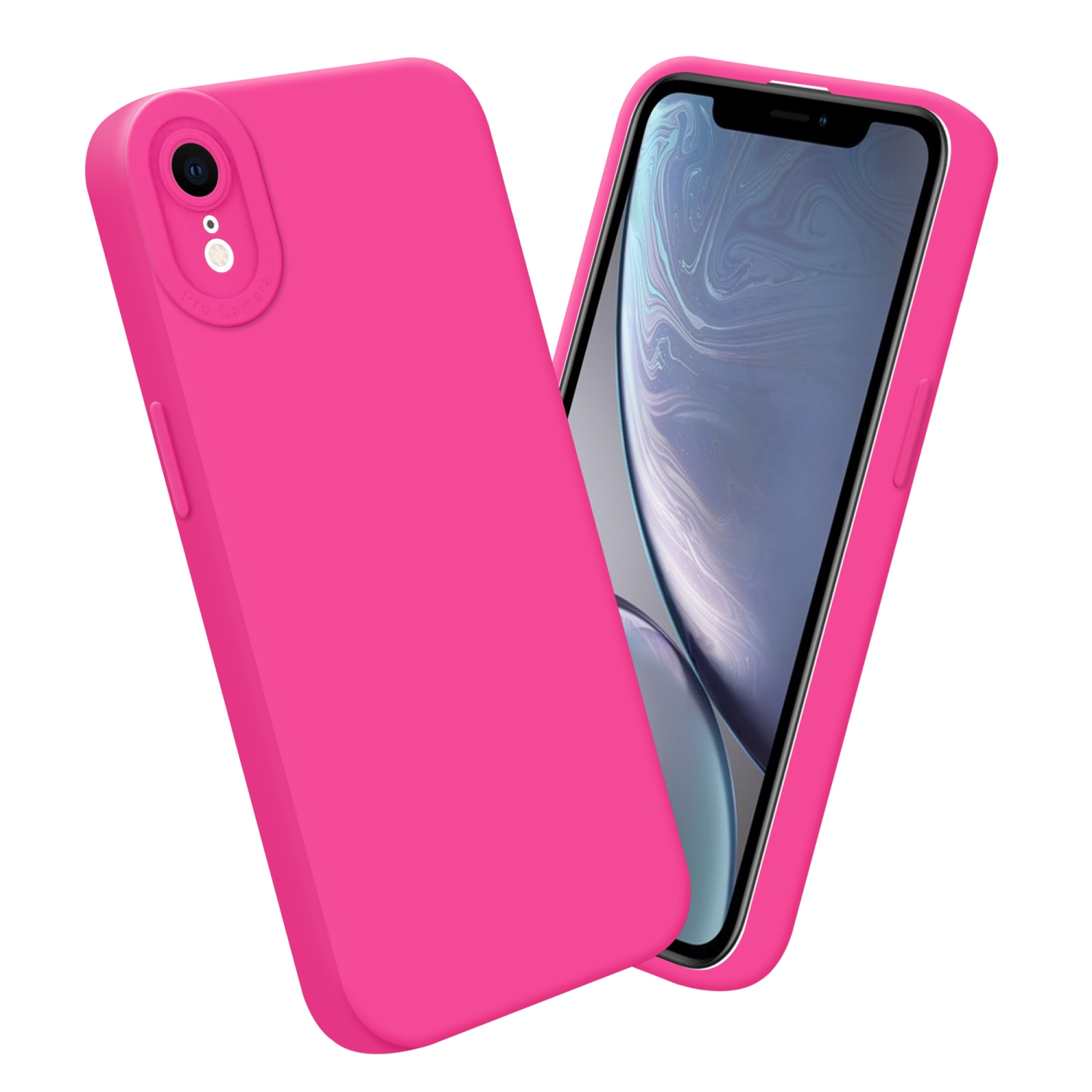 Custodia rosa con schermo del telefono visibile. Telefono su sfondo bianco.