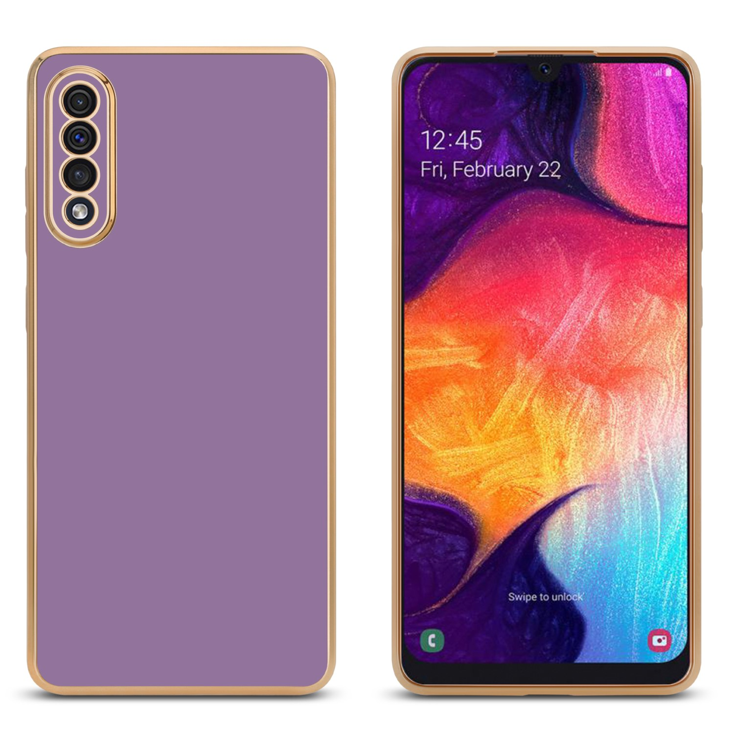 Lavendelfarbene Handyhülle und Handy. Goldbesatz am Telefon. Der Bildschirm zeigt das Datum.