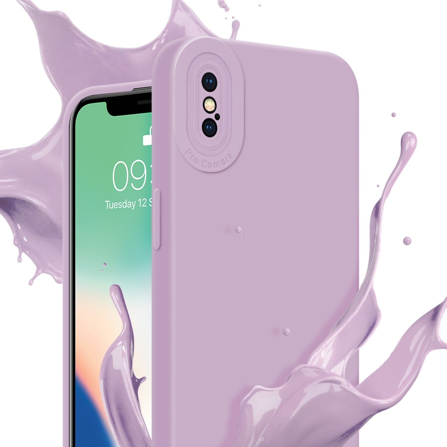 Una custodia viola con schizzi di liquido intorno. Schermo del telefono visibile.