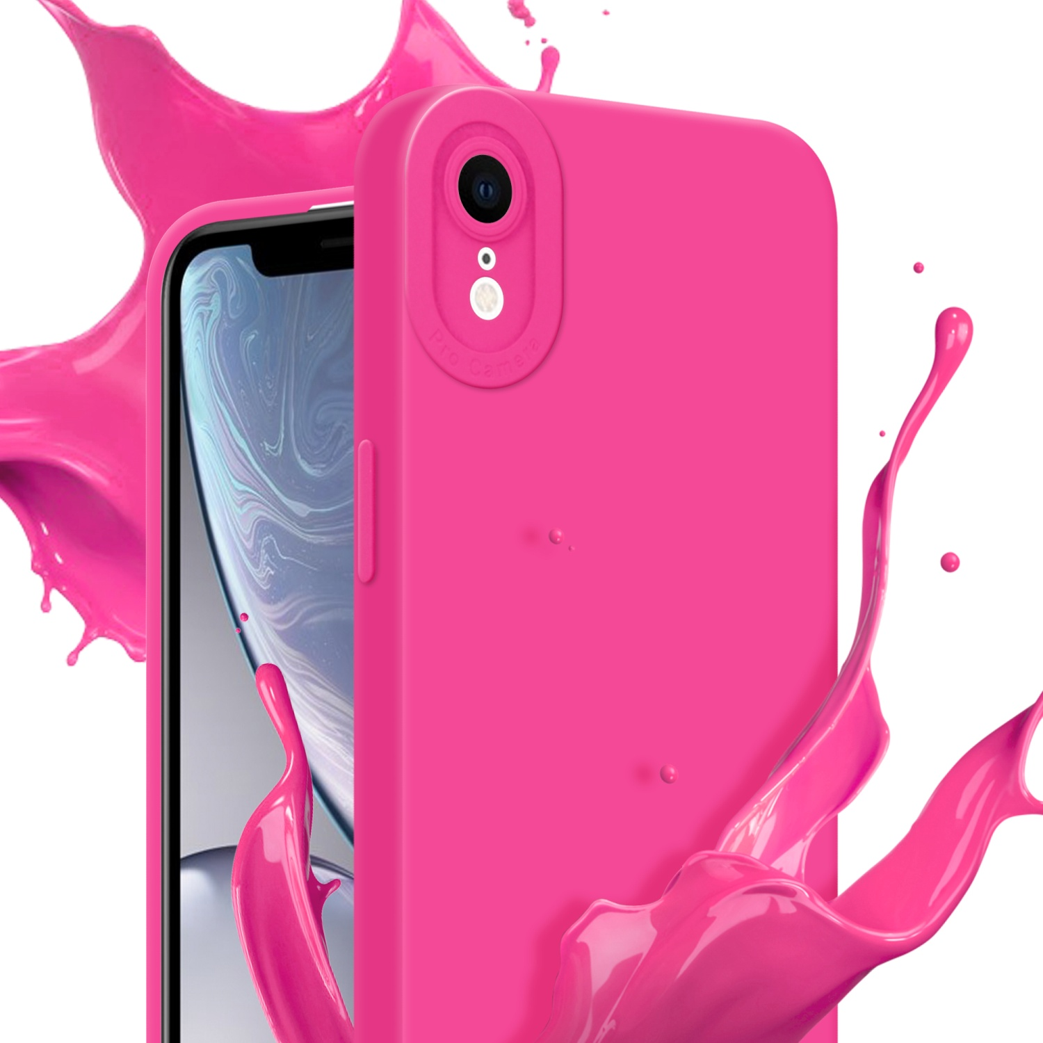 Custodia rosa con schizzo rosa. La custodia ha una fotocamera.