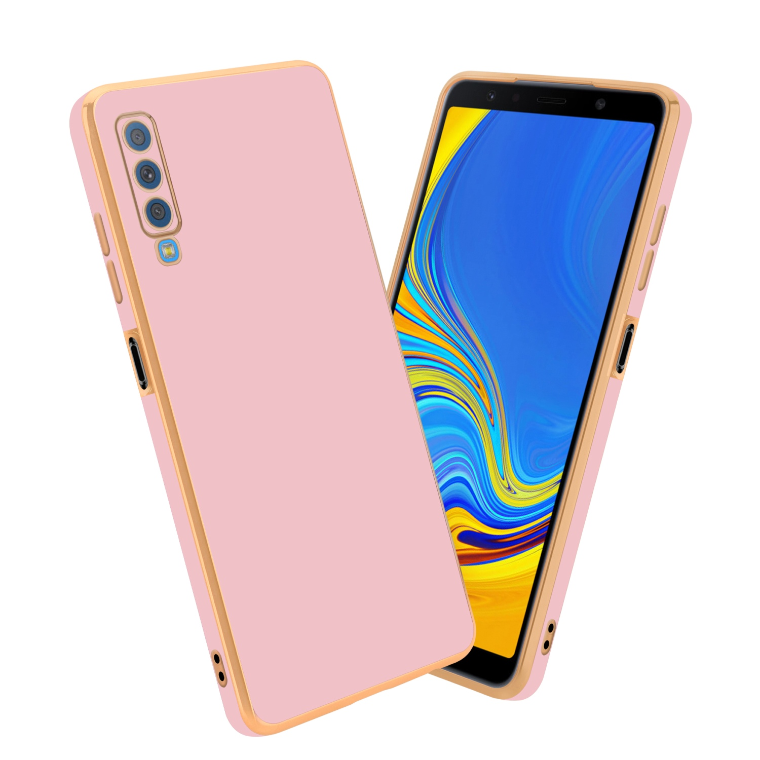 Rosa Handyhülle mit goldenen Zierleisten. Telefon ist sichtbar mit blauem Bildschirm.