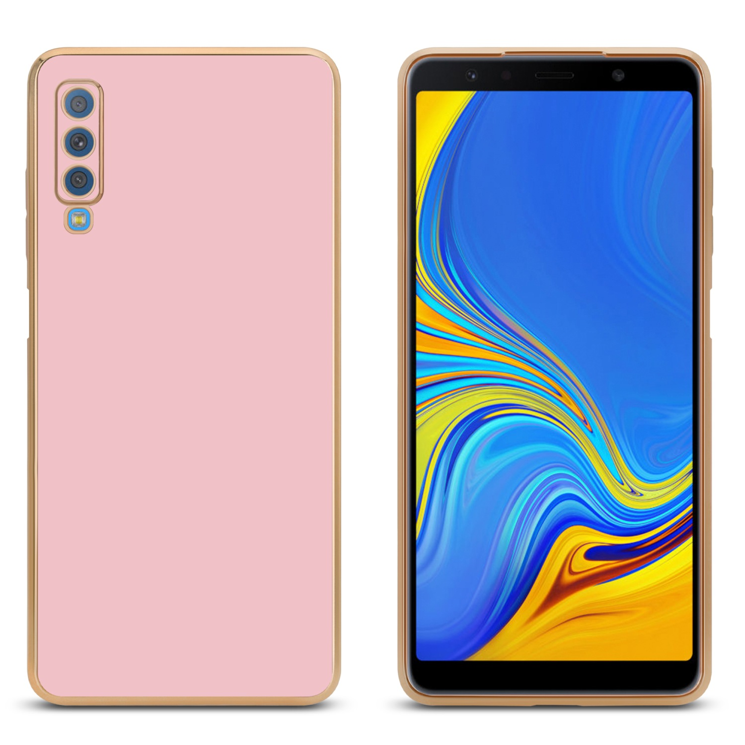 Eine rosa Handyhülle mit goldenem Rahmen links und ein Telefon mit blauem Display rechts.